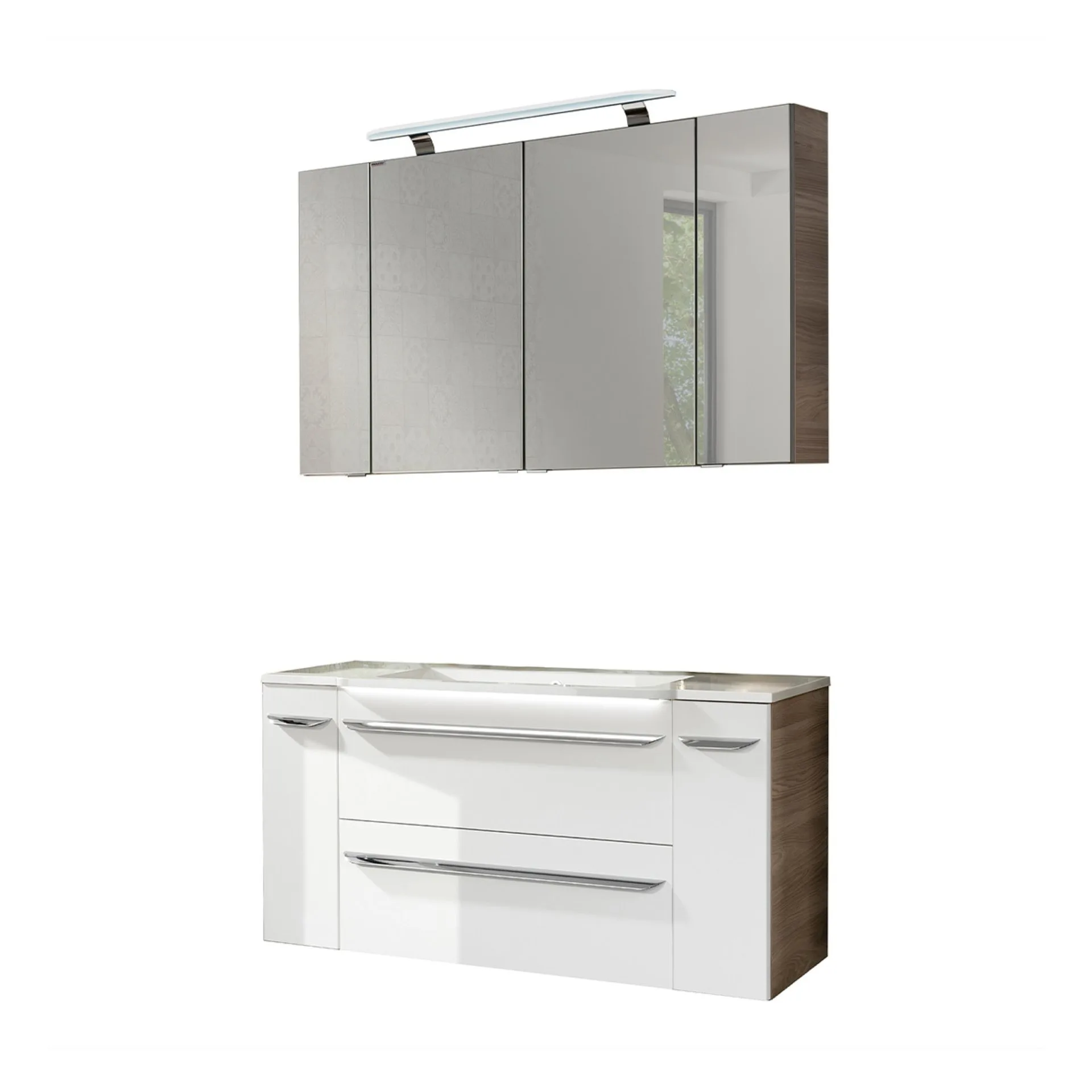 FACKELMANN LUXOR Badmöbel Set 7-teilig 120 cm breit, Weiß/Braun hell, Waschbecken Gussmarmor Weiß + LED Spiegelschrank + Hängeschränke + Unterschränke mit Spiegelfläche
