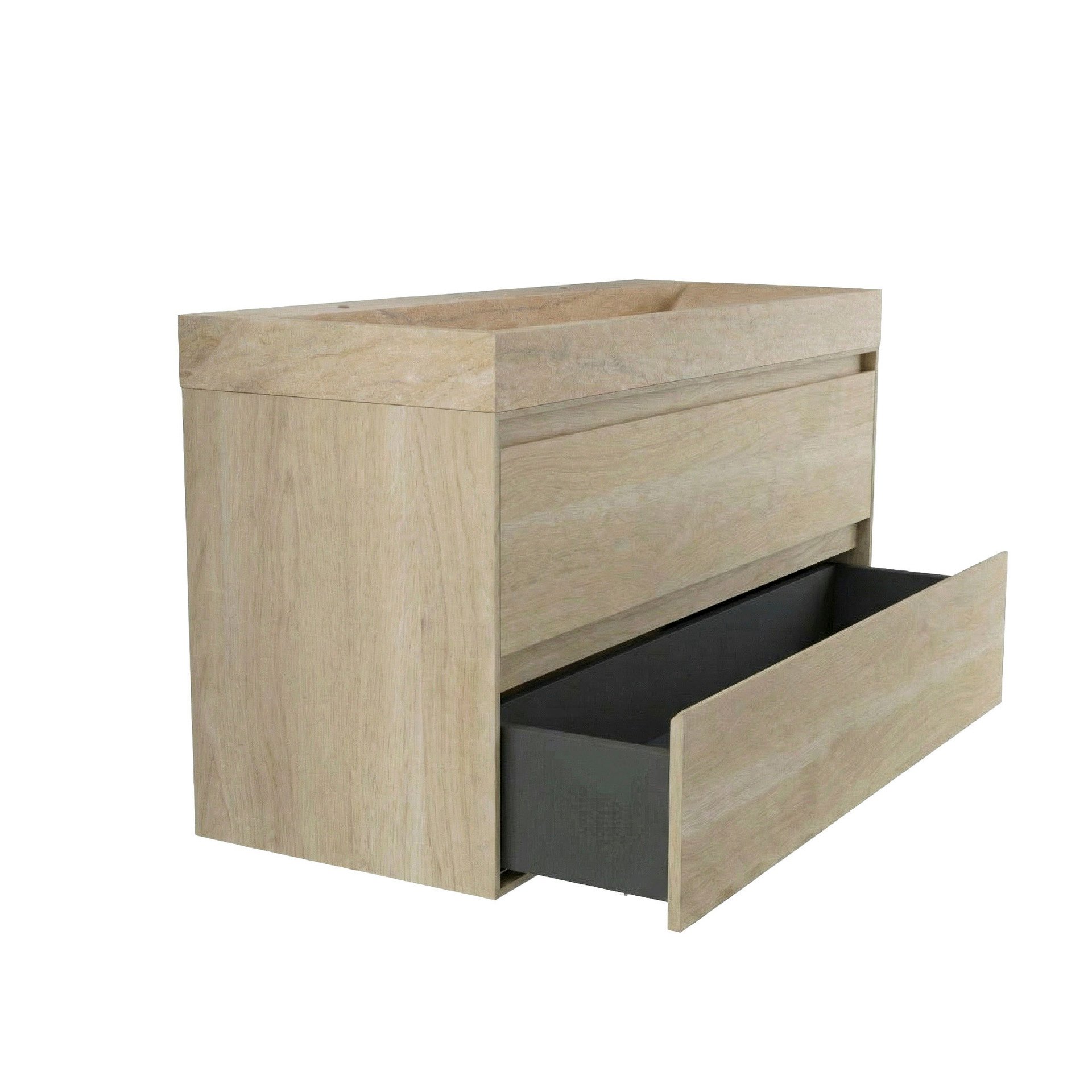 FORZALAQUA IBIZA BELLEZZA Waschbecken mit Unterschrank 120 cm breit, Braun hell, Natursteinwaschbecken Travertin matt mit zwei Hahnlöchern, 2 Schubladen