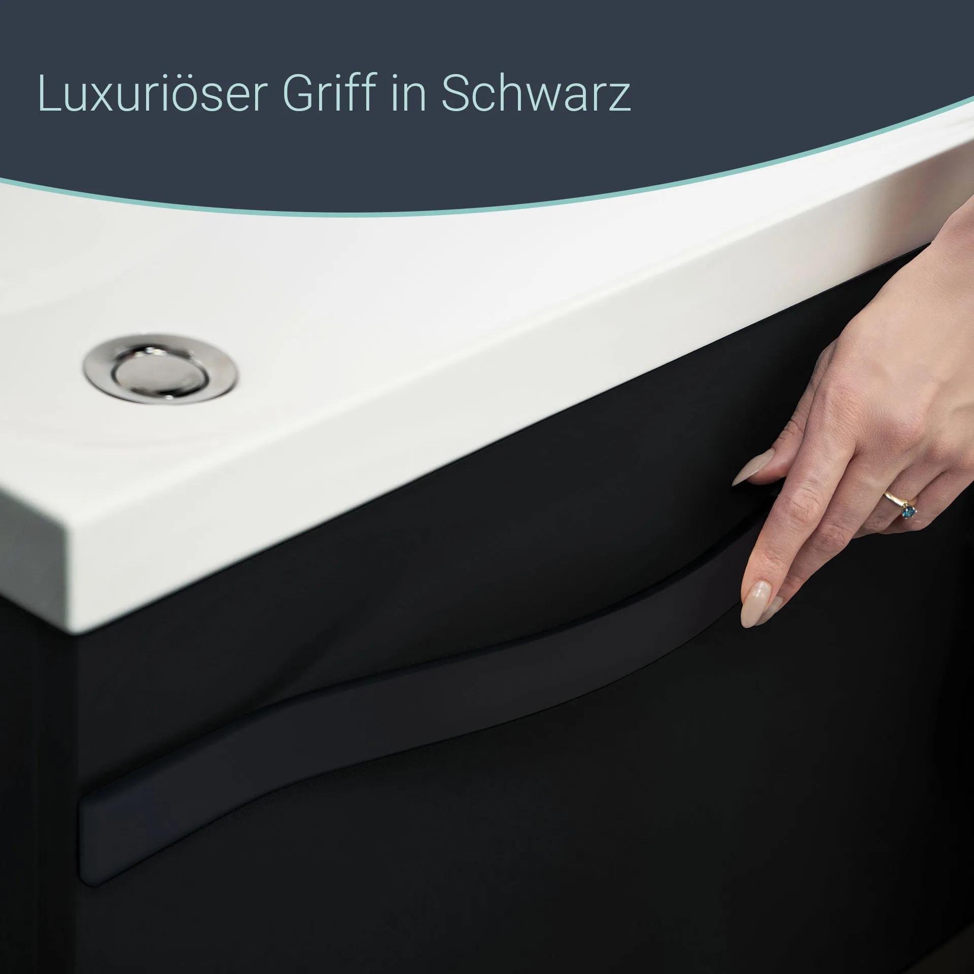 BADEDU FILS Waschbecken mit Unterschrank 69 cm breit, Schwarz, Waschbecken Gussmarmor Weiß, Griff Schwarz