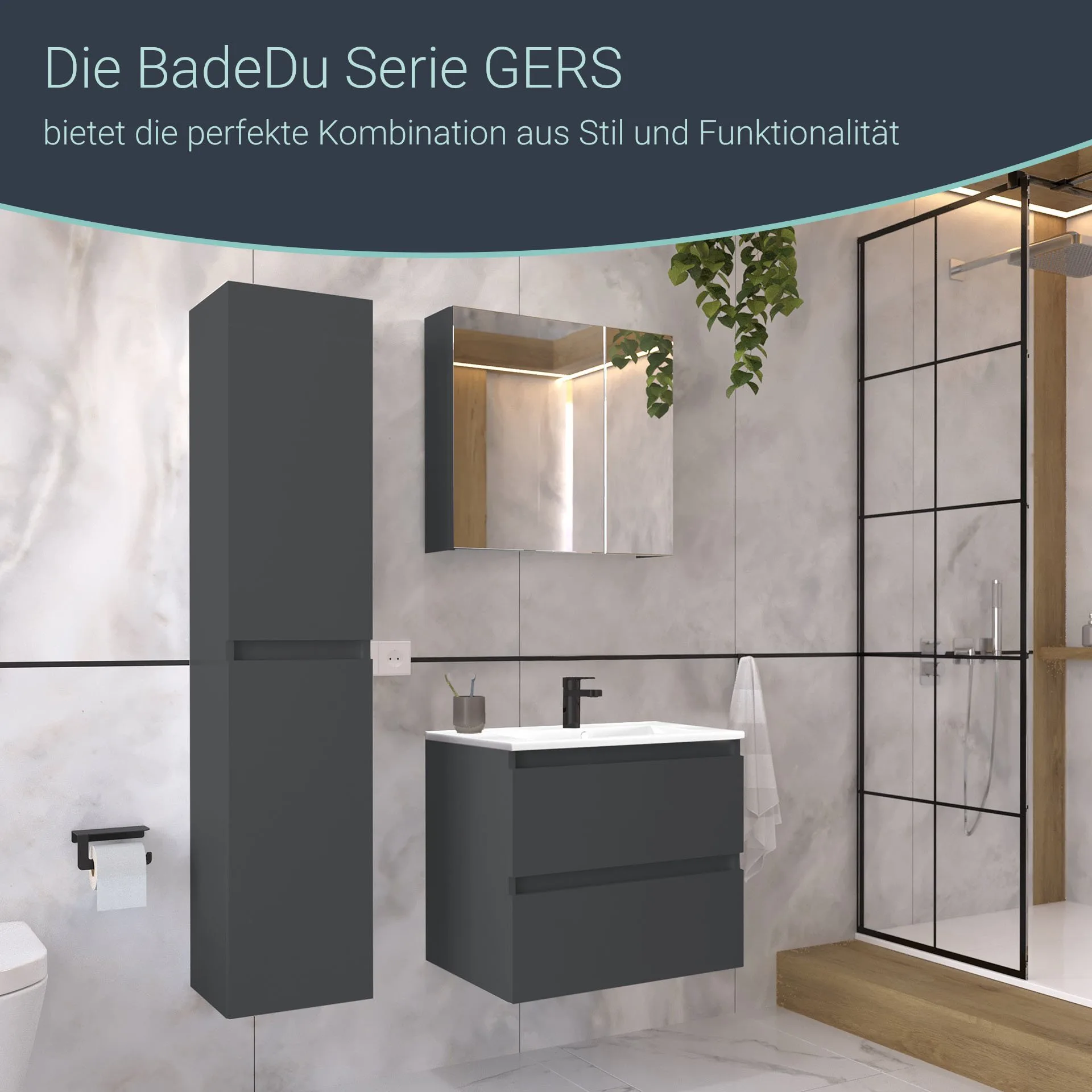 BADEDU GERS Waschbecken mit Unterschrank 60 cm breit, Grau, Waschbecken Keramik Weiß