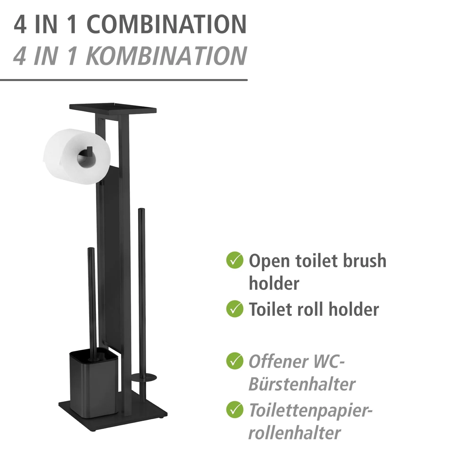WENKO DEBAR WC-Garnitur, Schwarz, mit Toilettenpapierhalter, Bevorrater und Ablage, stehend