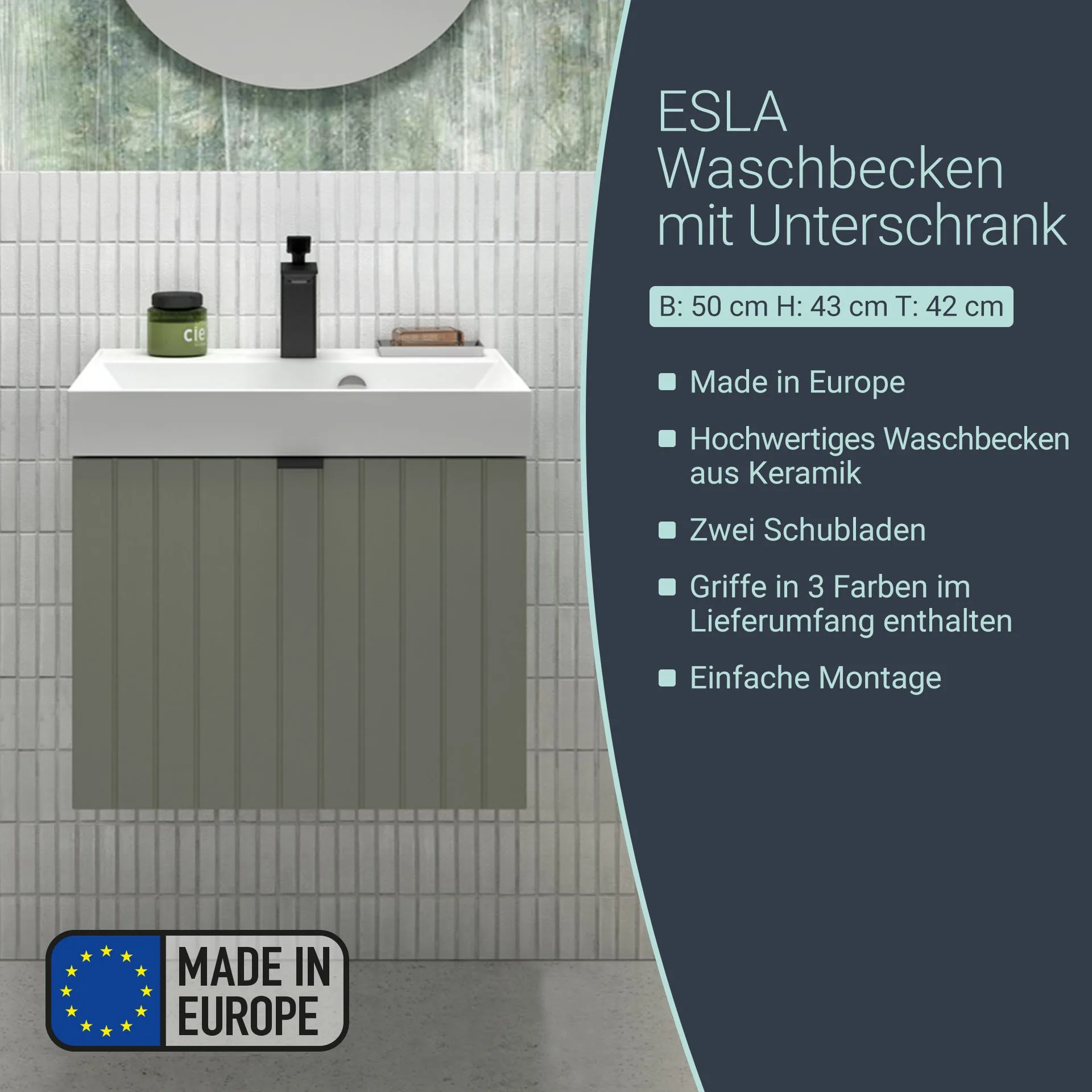 BADEDU ESLA Waschbecken mit Unterschrank 50 cm breit, Grün, Waschbecken Gussmarmor Weiß