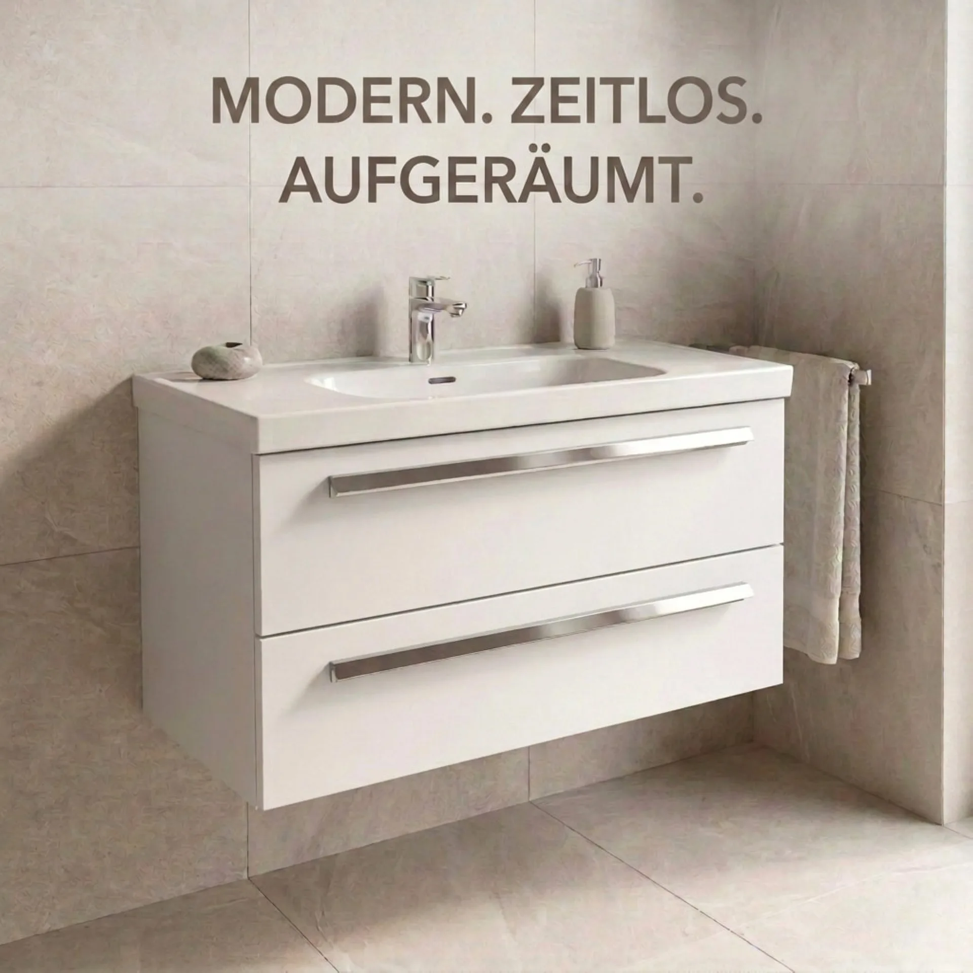 BADEDU TESSANO Waschbecken mit Unterschrank 90 cm breit, Weiß, Waschbecken Keramik Weiß