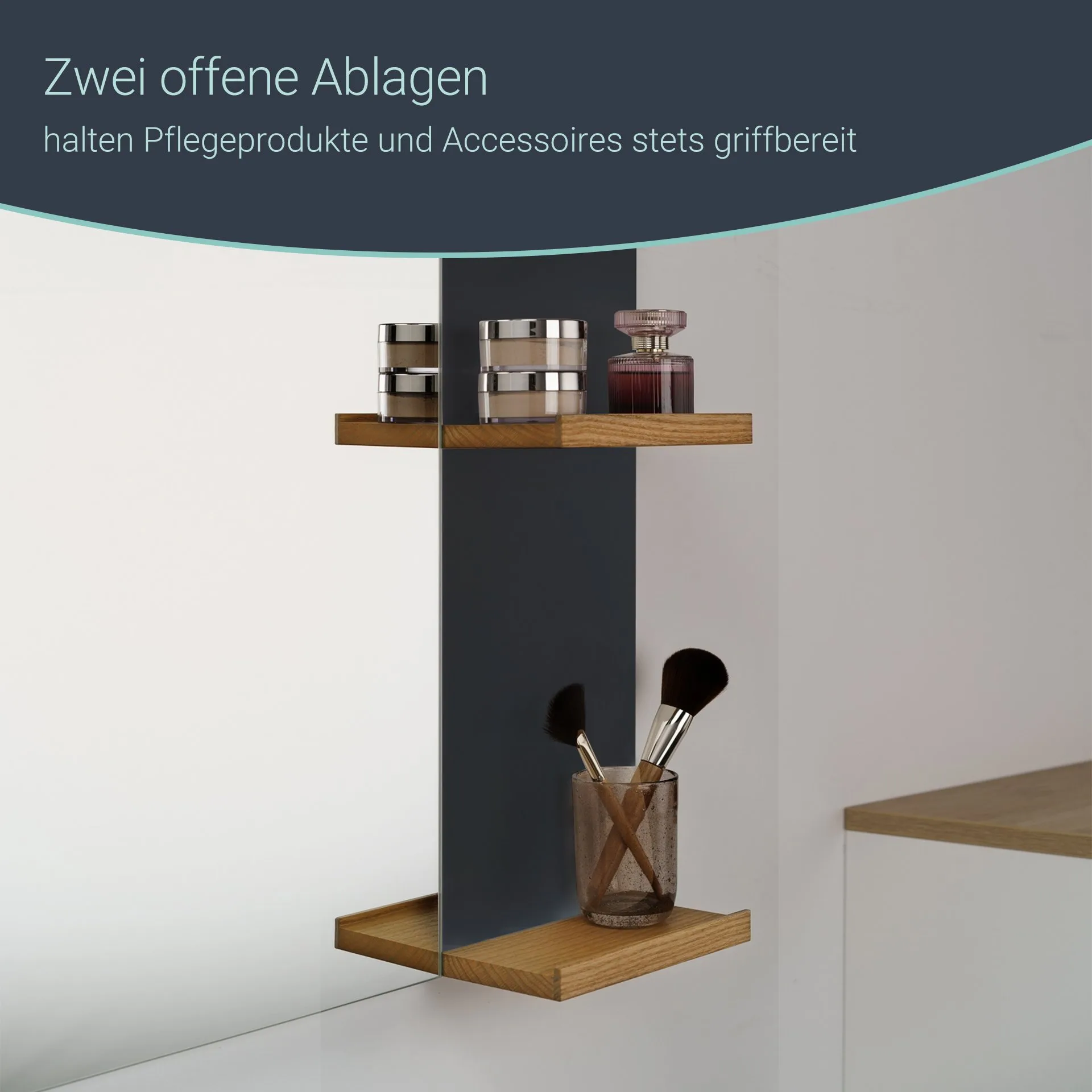 BADEDU HIERA Spiegel 59 cm breit, Anthrazit, zwei Ablagen