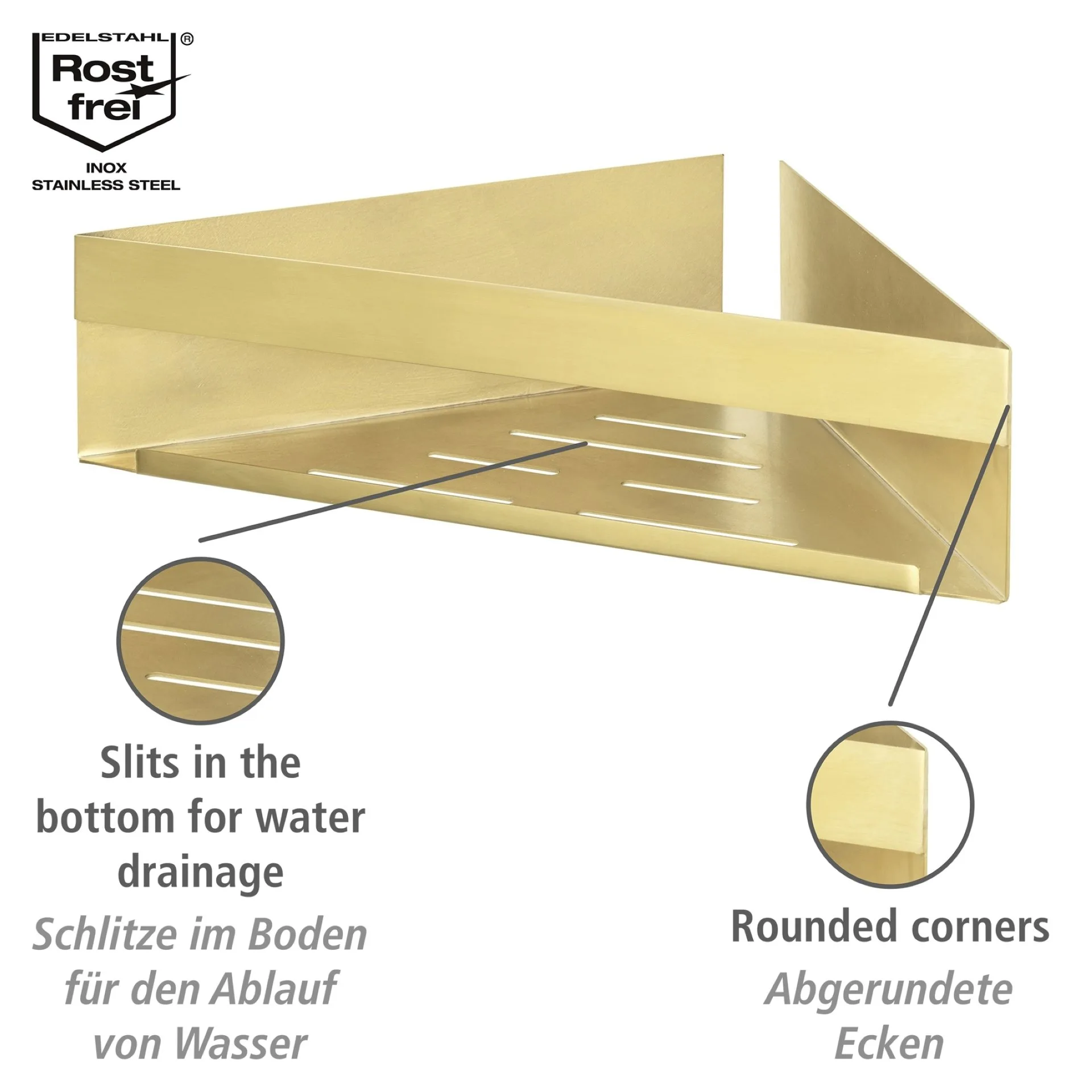 WENKO GENOVA Dusch Eckablage 36 cm breit, Gold, Befestigen ohne Bohren