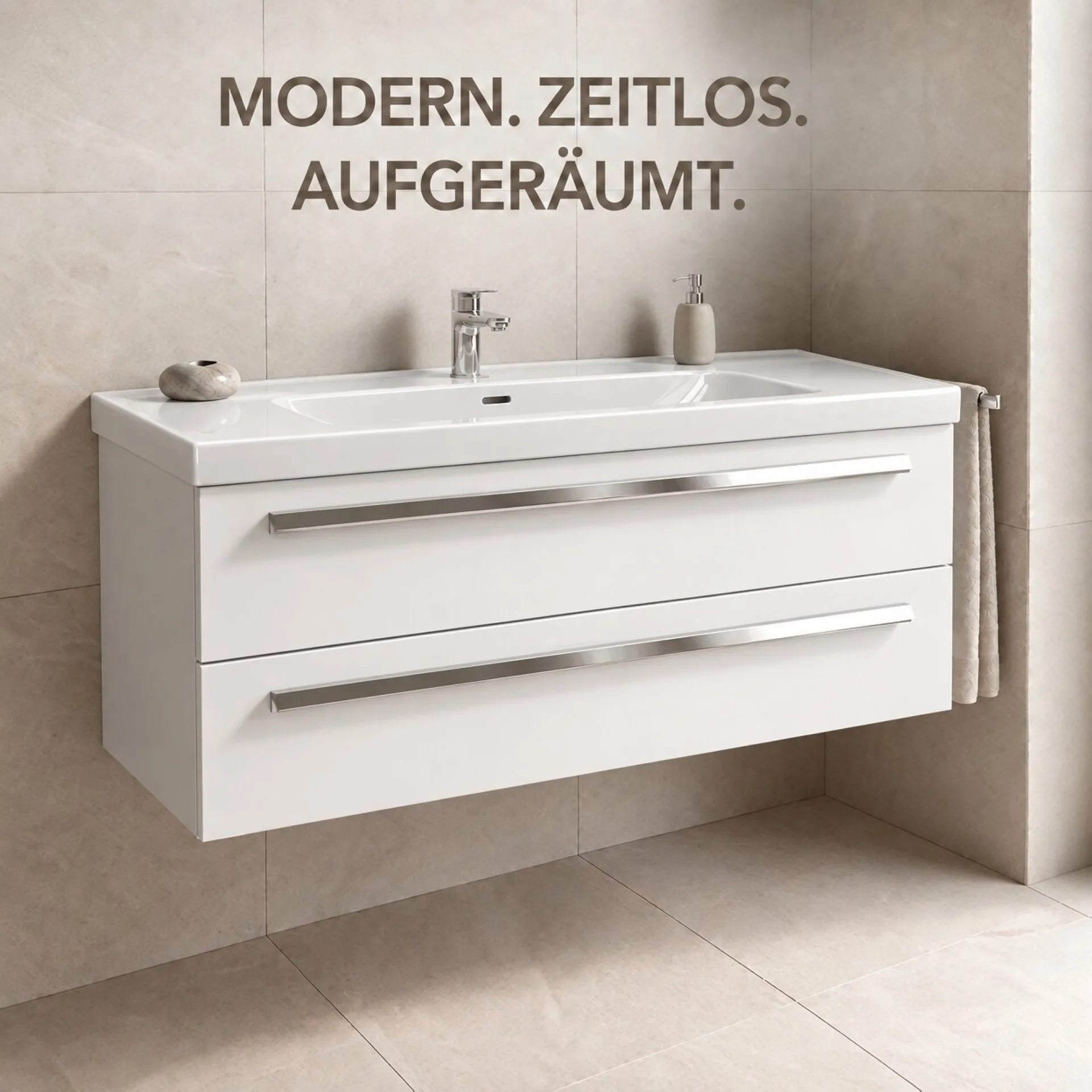 BADEDU TESSANO Waschbecken mit Unterschrank 120 cm breit, Weiß, Waschbecken Keramik Weiß