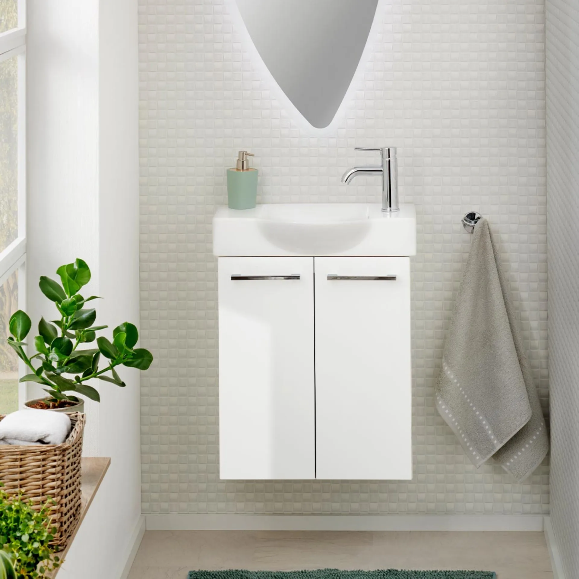 FACKELMANN SBC SCENO Gäste WC Waschtisch Set 55 cm breit, Weiß, Waschbecken Keramik Weiß, Hahnloch rechts