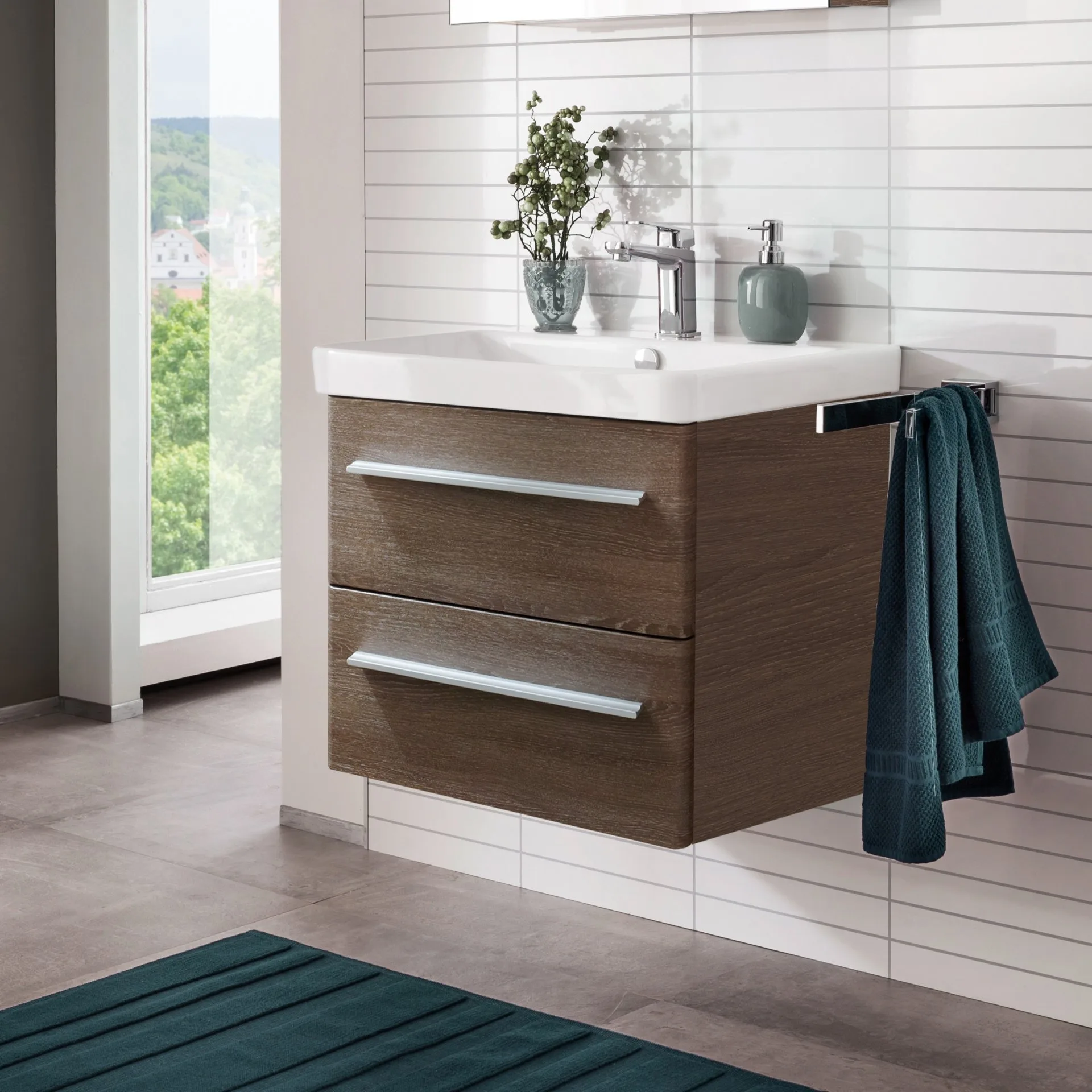 LANZET K8 Waschbecken mit Unterschrank, 60 cm breit, Braun dunkel, Waschbecken Keramik Weiß