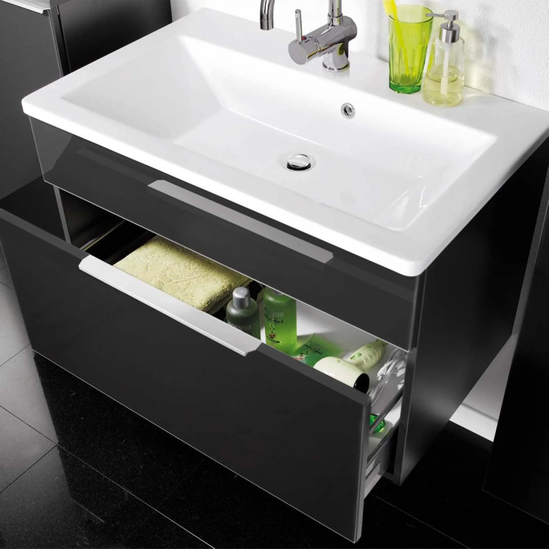 FACKELMANN KARA Waschbecken mit Unterschrank 80 cm breit, Anthrazit, Waschbecken Gussmarmor Weiß, 1 Schublade