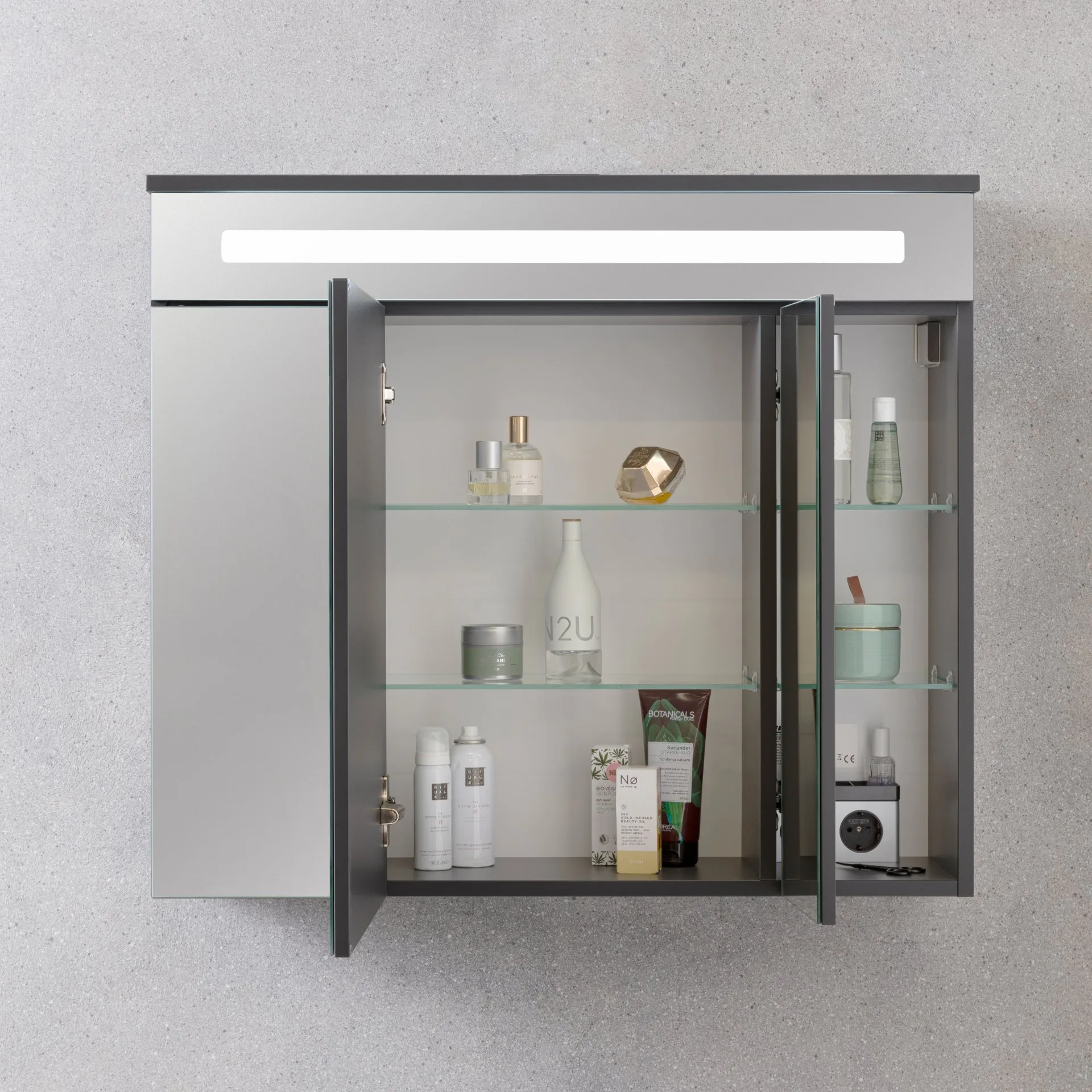 FACKELMANN KARA Waschtisch Set mit Spiegelschrank 80 cm breit, Weiß/Anthrazit, Waschbecken Gussmarmor Weiß, 2 Schubladen