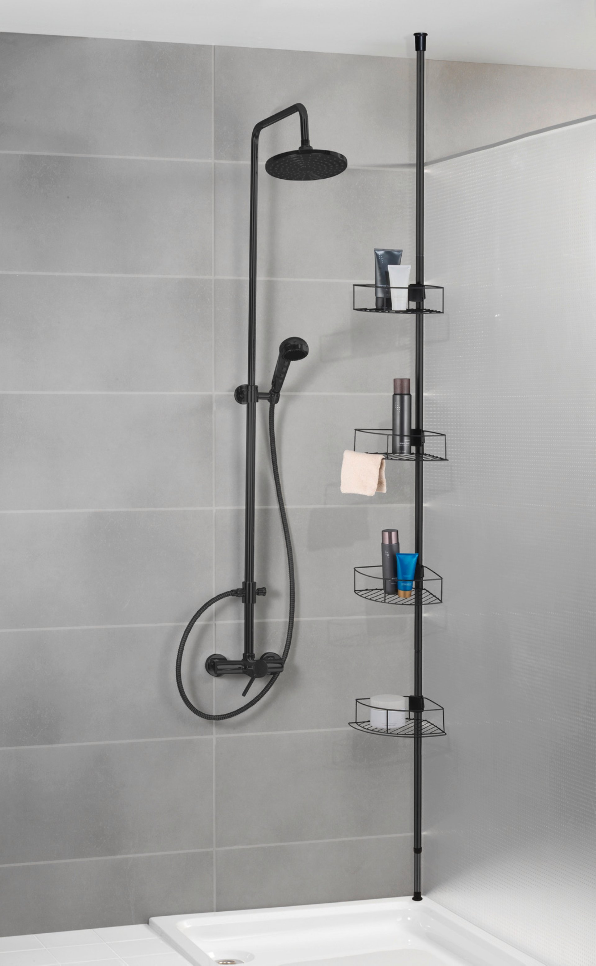 WENKO DOLCEDO Dusch Eckablage, Schwarz matt, 4 Etagen, Edelstahl rostfrei, zum Einklemmen