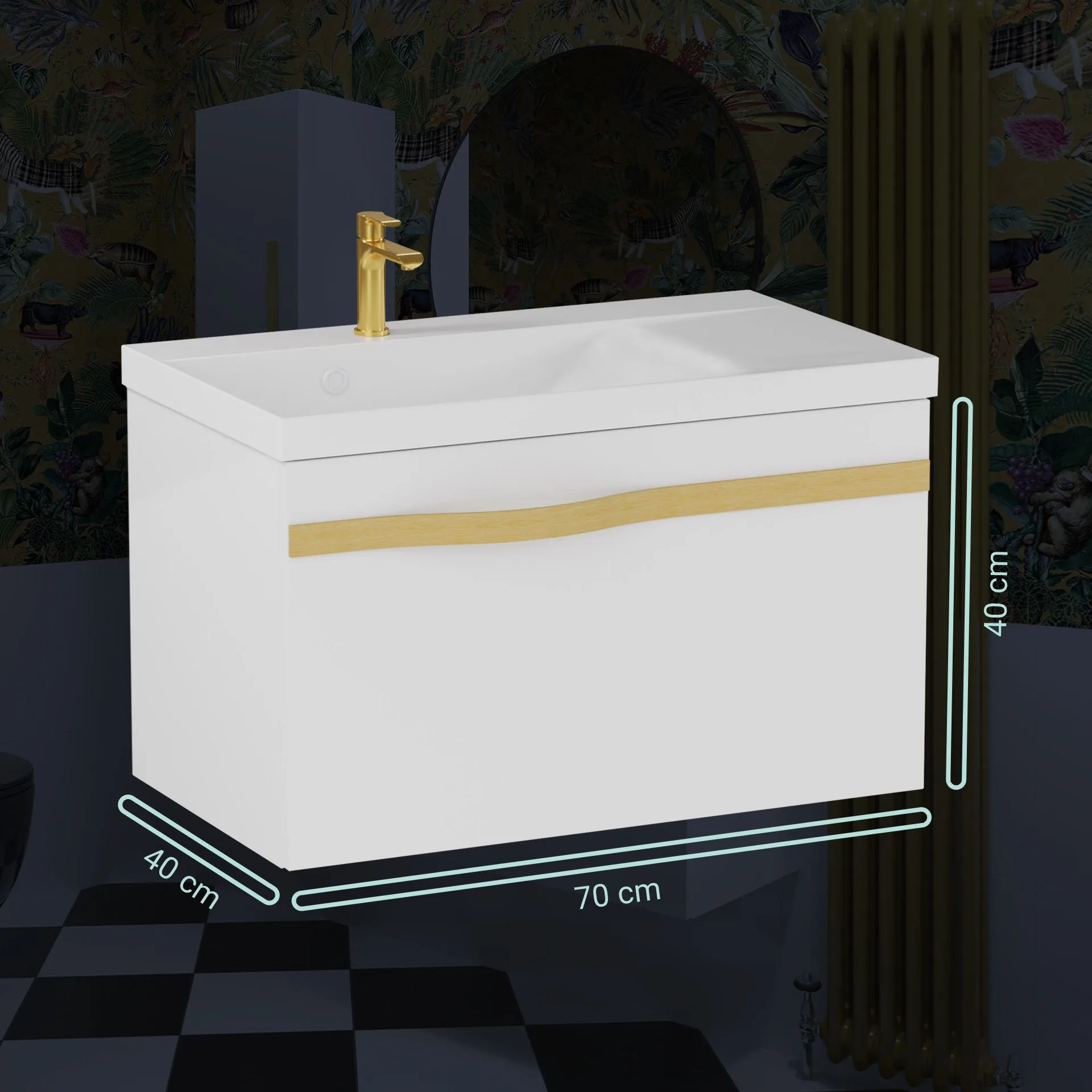 BADEDU FILS Waschbecken mit Unterschrank 69 cm breit, Weiß, Waschbecken Gussmarmor Weiß, Griff Gold