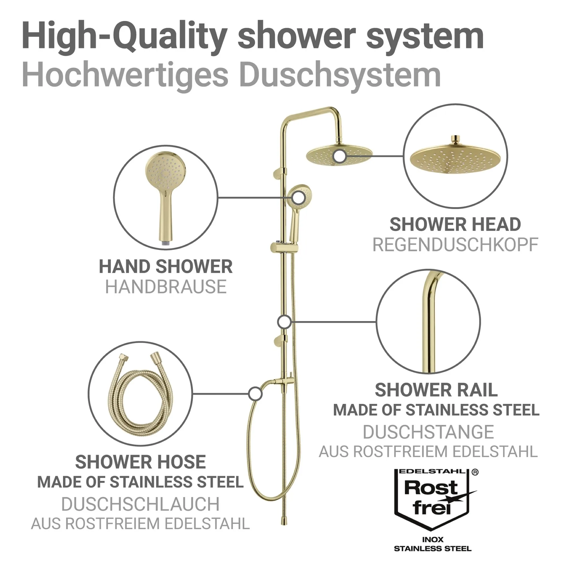 WENKO YOUNG Duschsystem, Gold, 3 verschiedene Wasserstrahlarten
