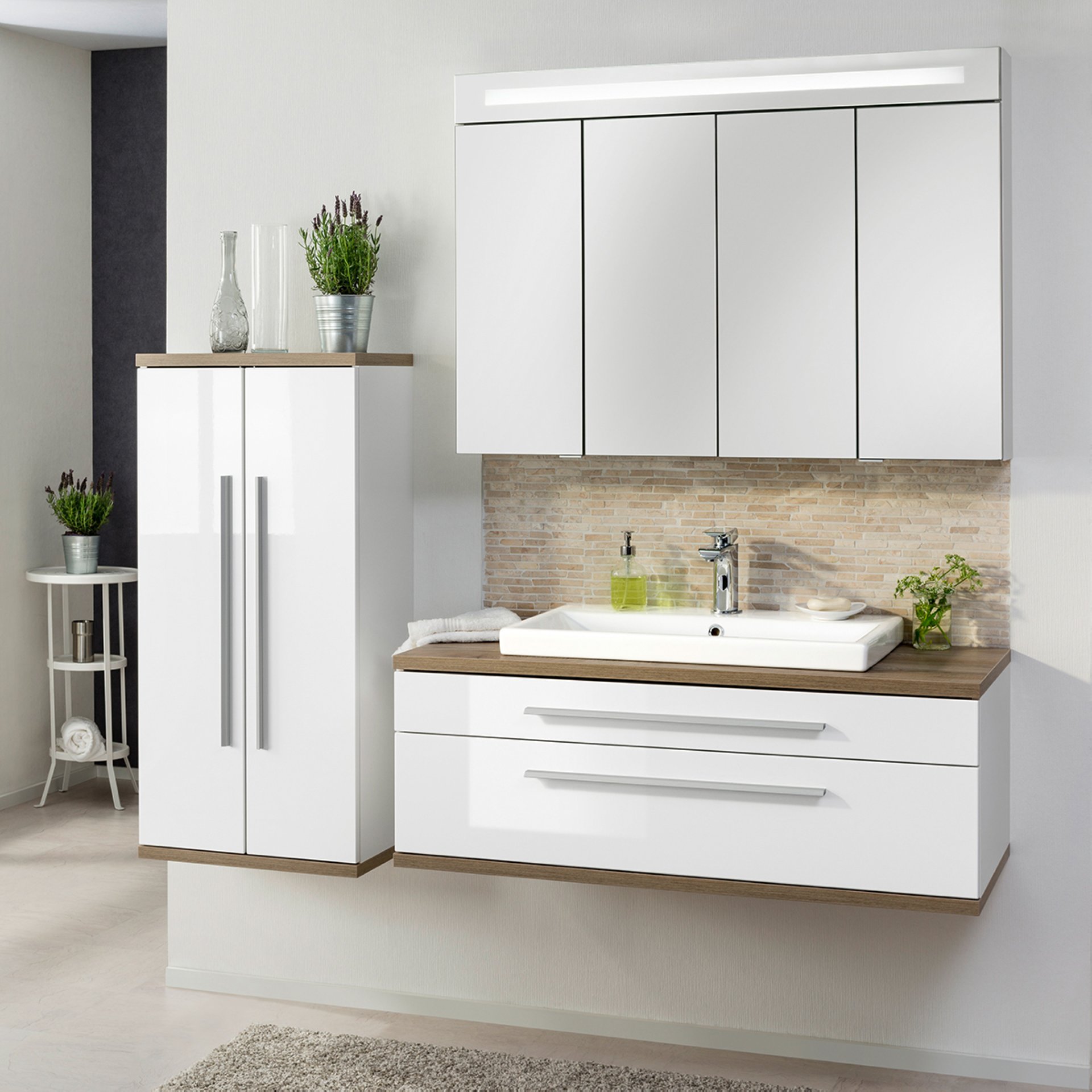 Fackelmann STANFORD Badmöbel Set 4-teilig, 110 cm breit, Weiß,Keramik+Spiegelschrank+Midischrank