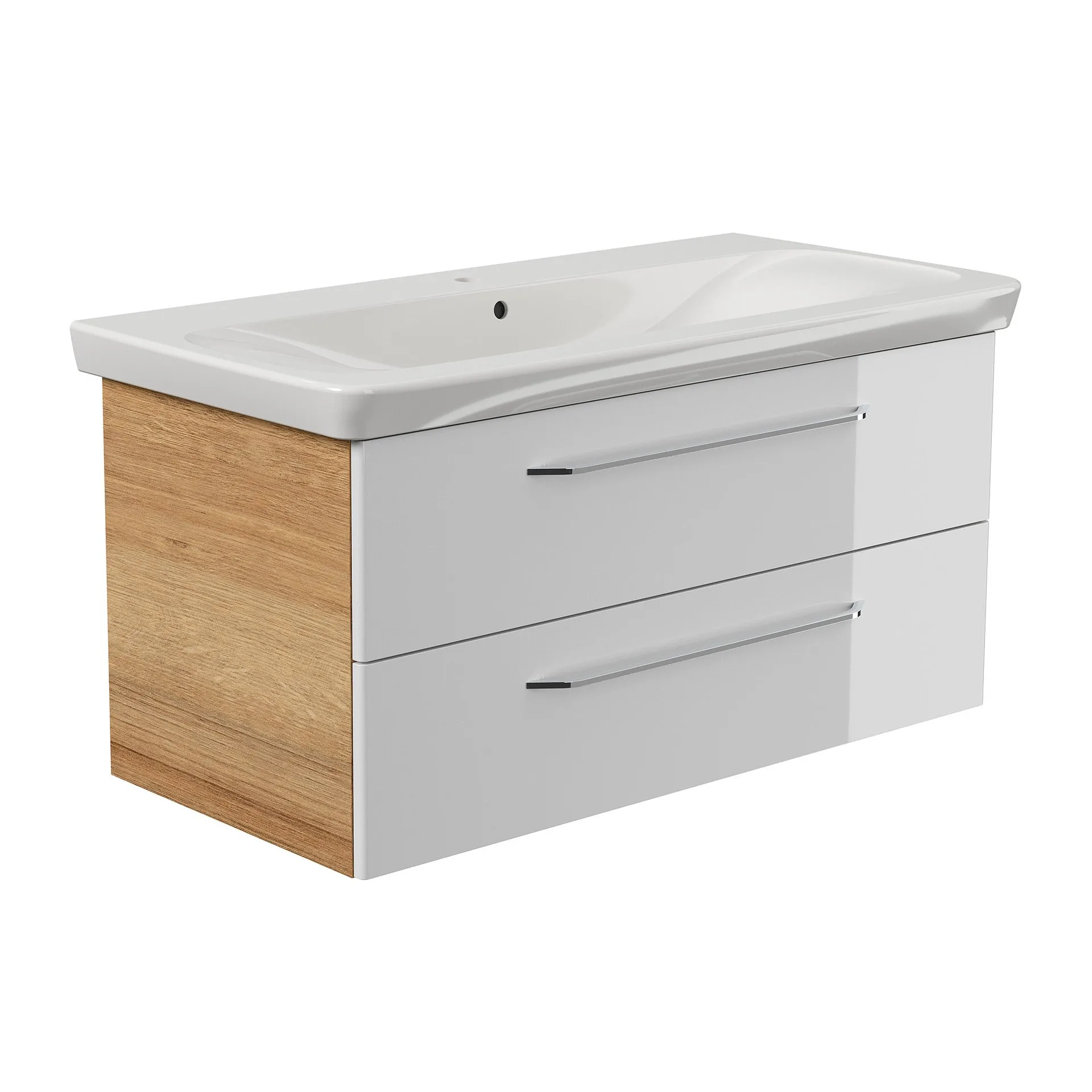 FACKELMANN MILANO Waschbecken mit Unterschrank 107 cm breit, Weiß/Braun hell, Waschbecken Keramik Weiß