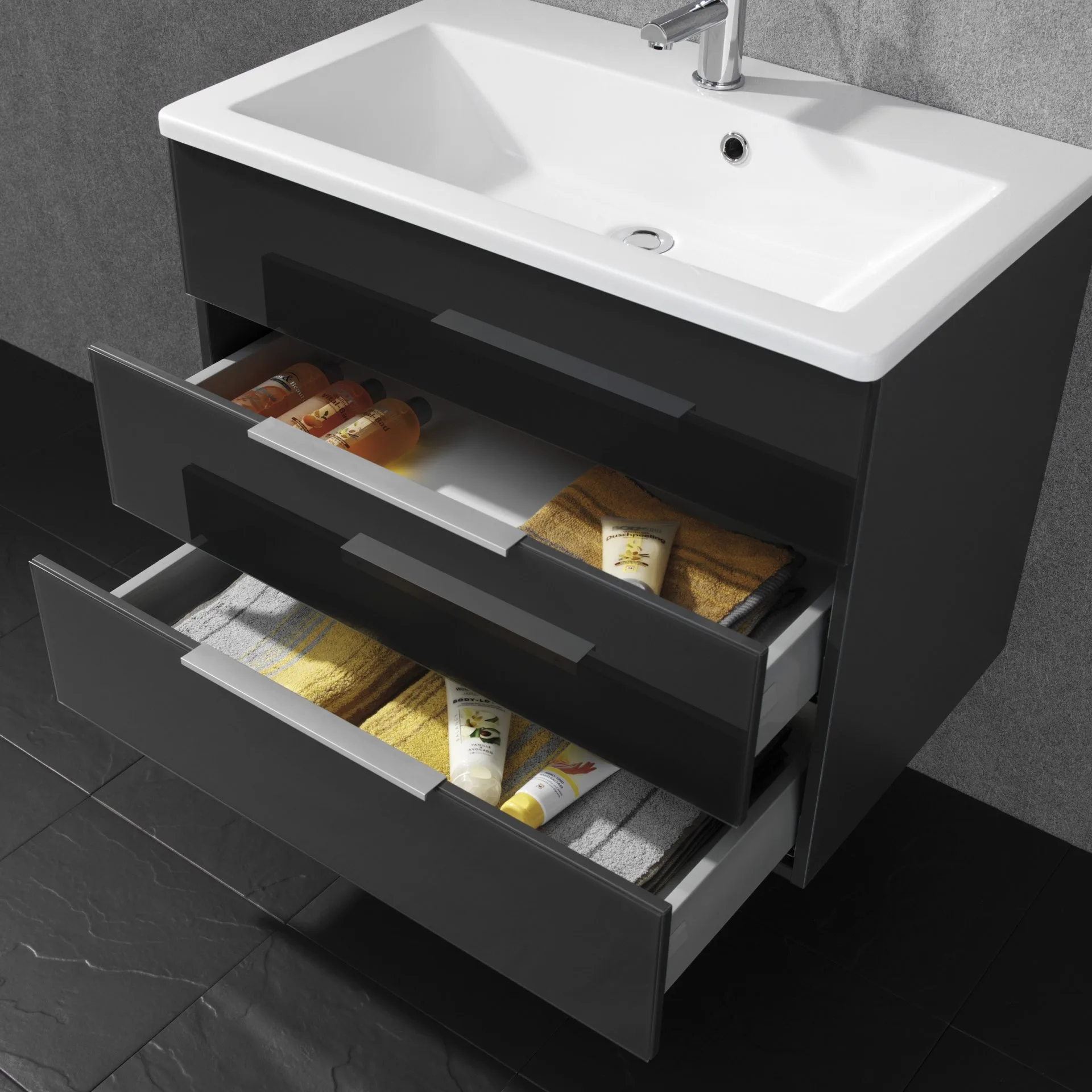 FACKELMANN KARA Waschtisch Set mit Spiegelschrank 80 cm breit, Anthrazit, Waschbecken Gussmarmor Weiß, 2 Schubladen