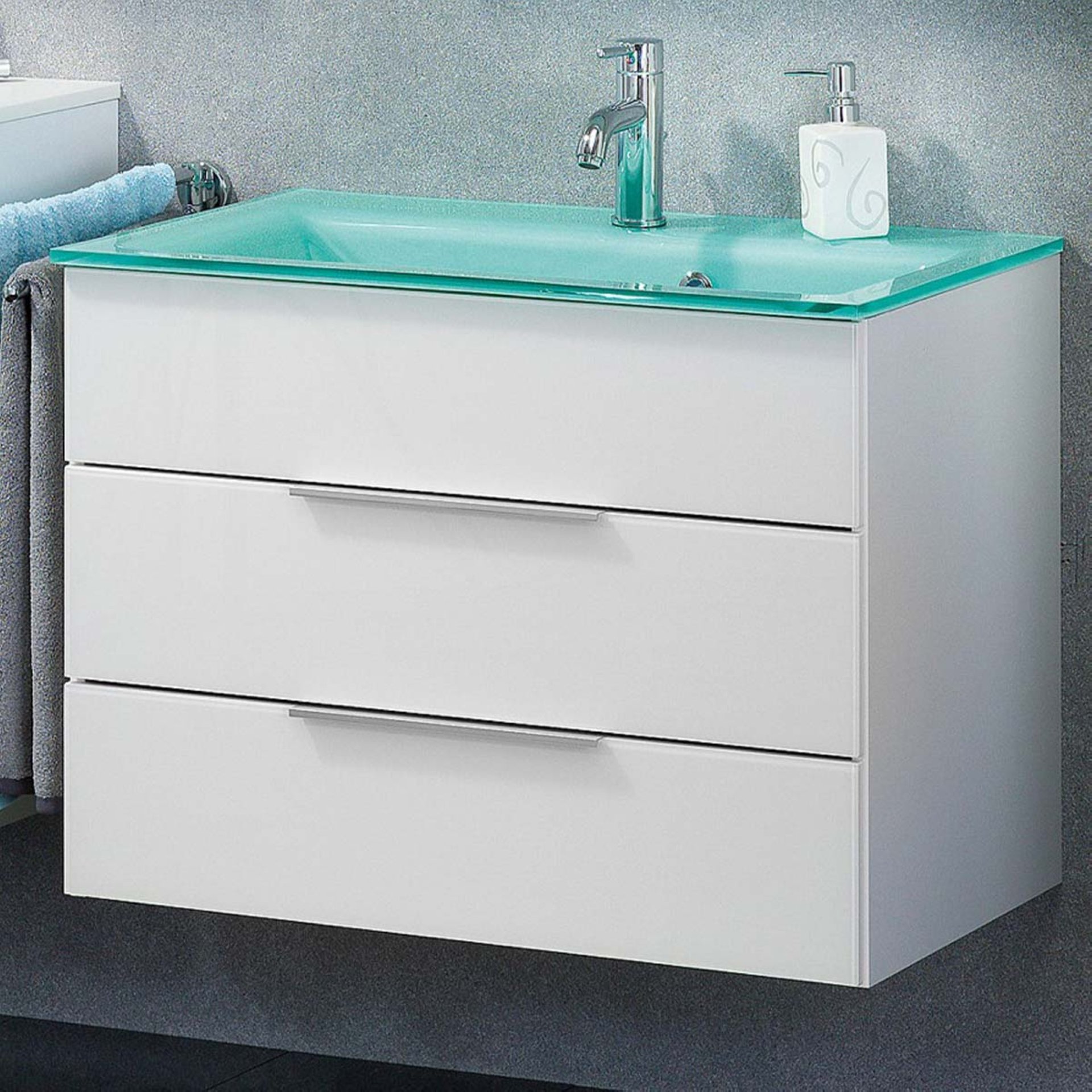 FACKELMANN KARA Waschbecken mit Unterschrank 80 cm breit, Weiß, Waschbecken Glas Mint, 2 Schubladen