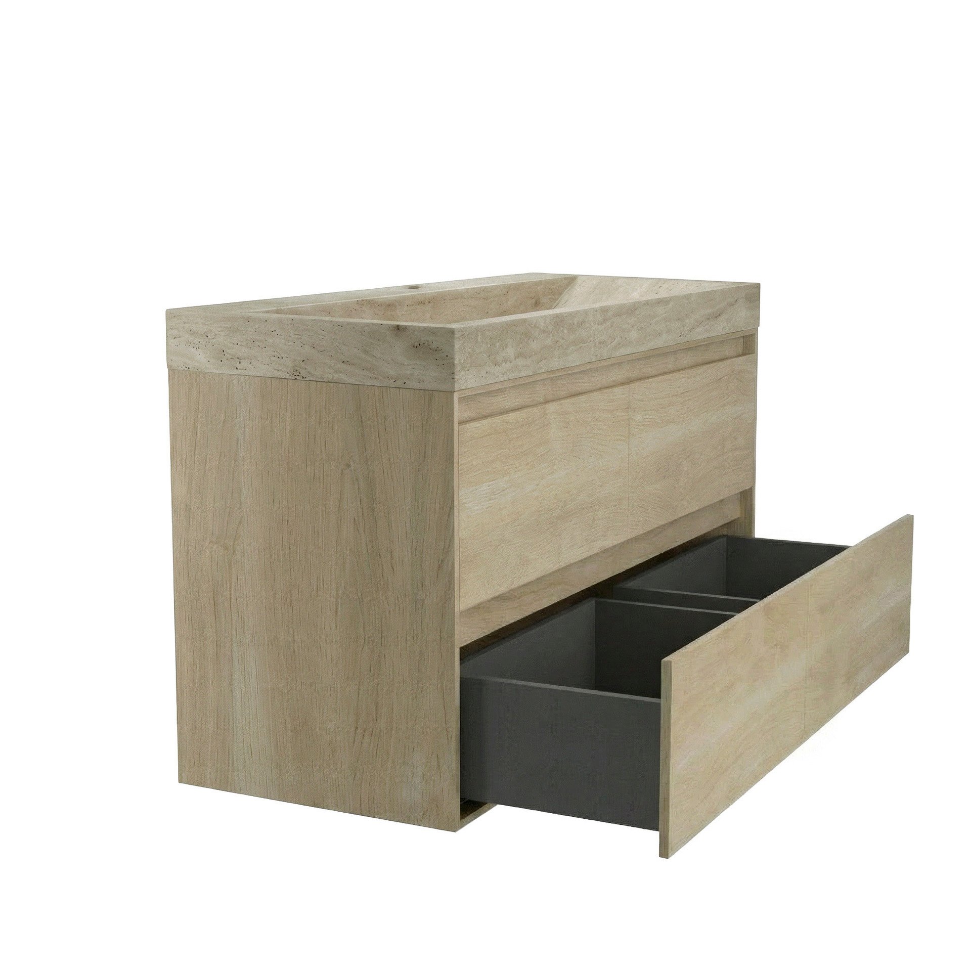 FORZALAQUA IBIZA BELLEZZA Waschbecken mit Unterschrank 120 cm breit, Braun hell, Natursteinwaschbecken Travertin matt mit Hahnloch, 4 Schubladen