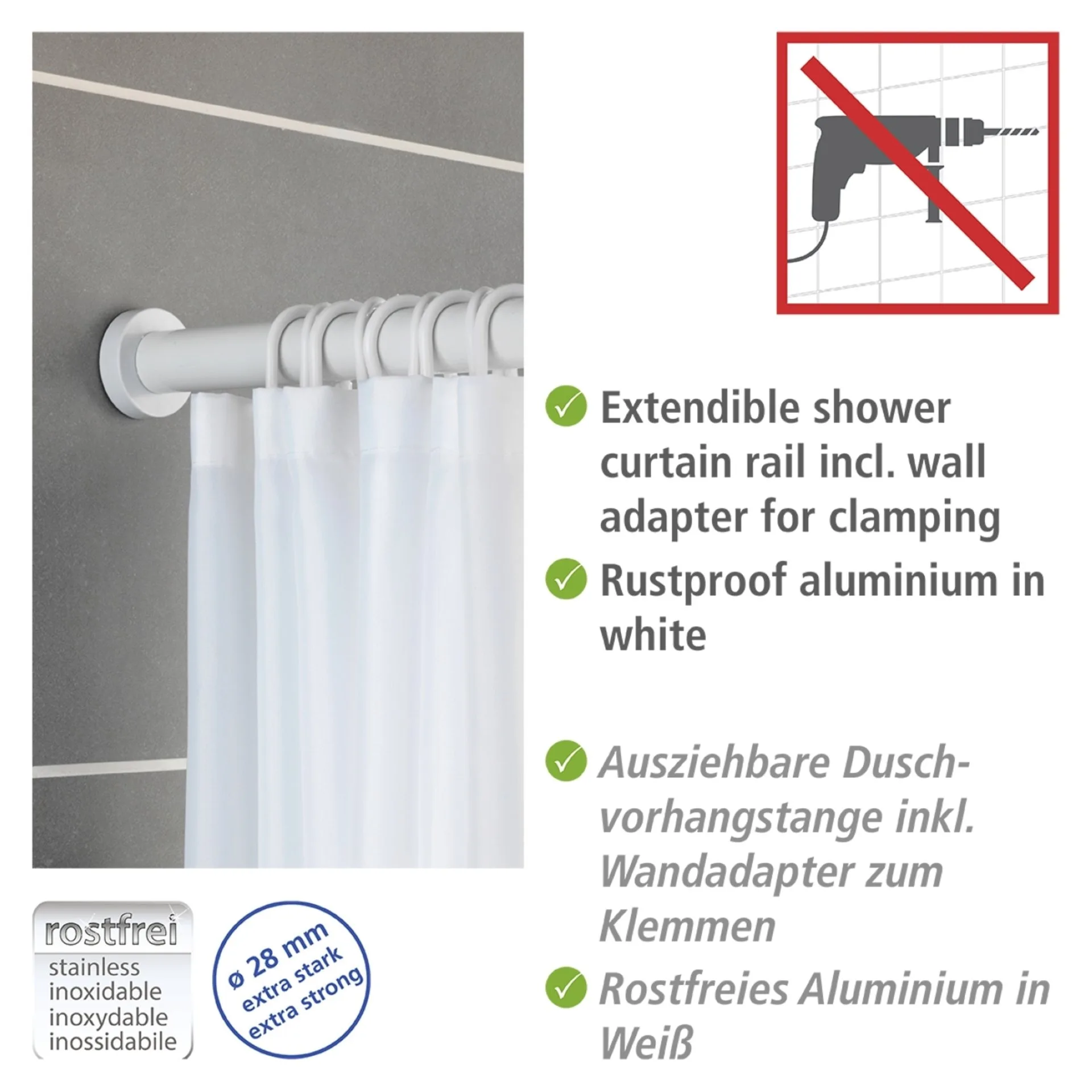 WENKO LUZ Teleskop Duschstange 110-185 cm, Weiß, Aluminium rostfrei