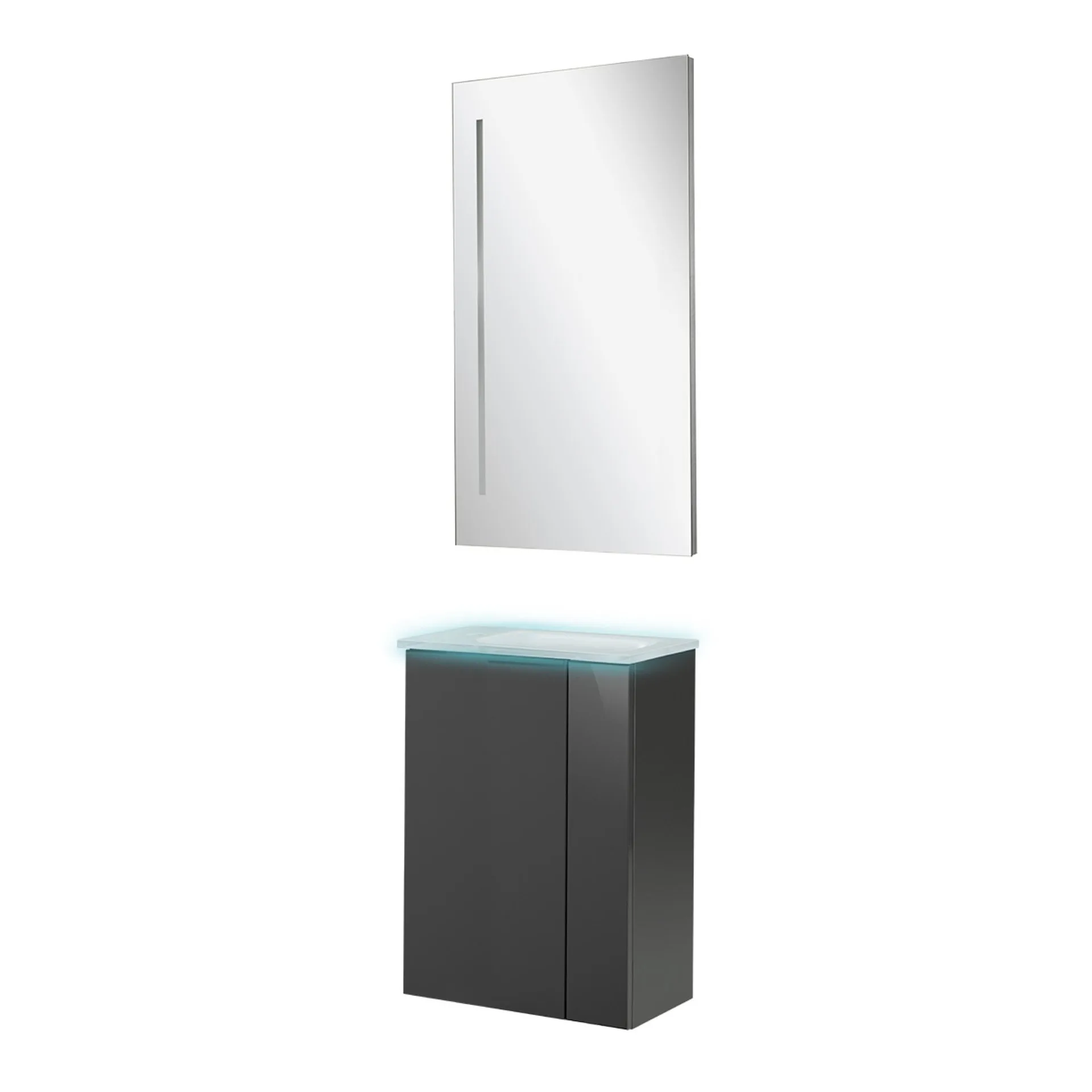 FACKELMANN SBC LUNA Gäste WC Waschtisch Set mit Spiegel 45 cm breit, Anthrazit, Waschbecken Glas Weiß, Türanschlag links + Waschbeckenbeleuchtung