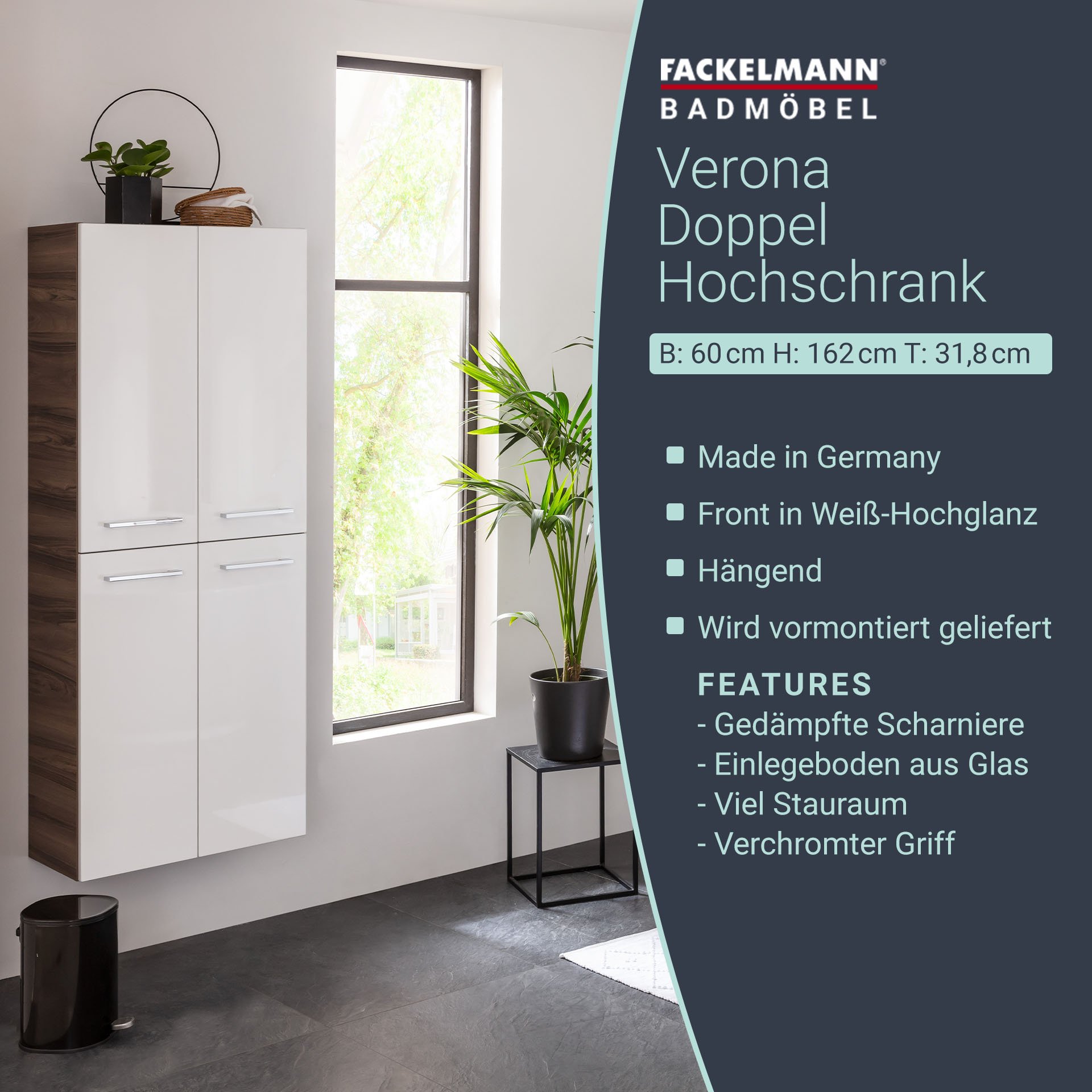 Fackelmann VERONA Doppel Hochschrank 60 cm, Braun Dunkel/Weiß Hochglanz