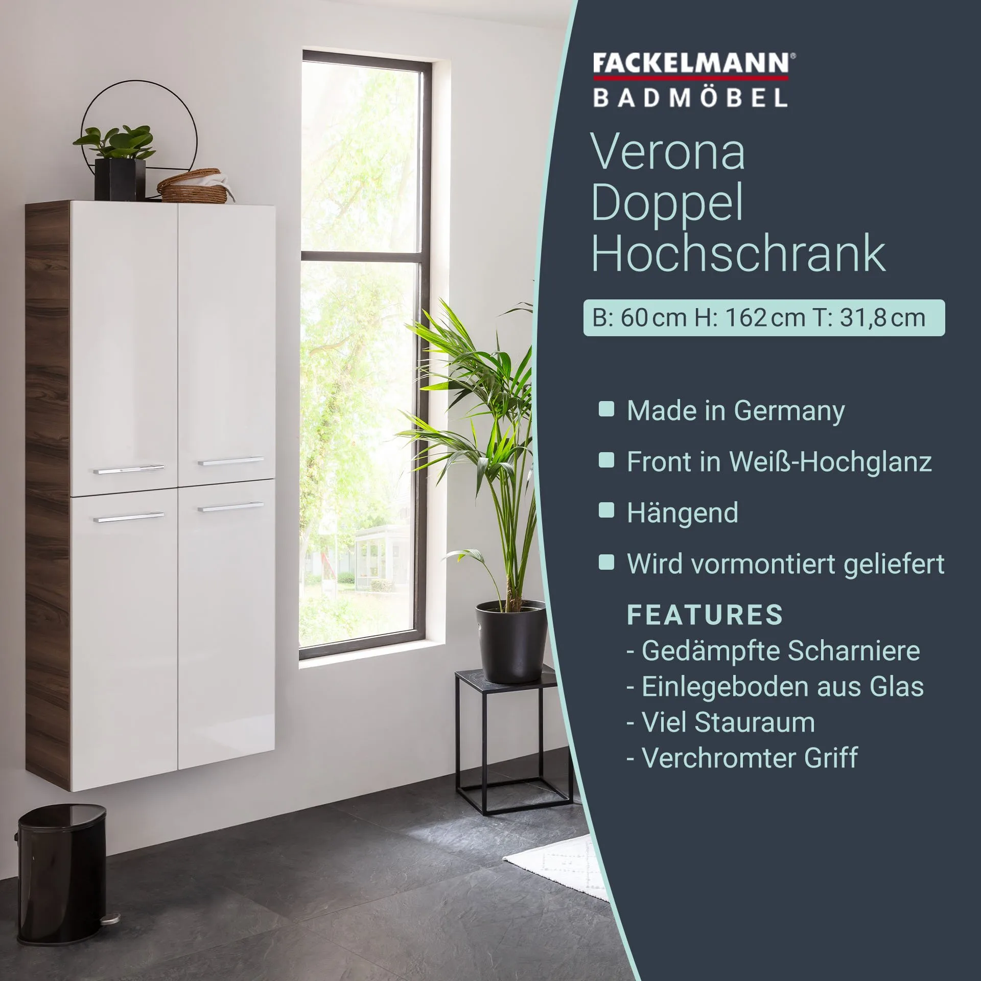 FACKELMANN VERONA Doppel Hochschrank 60 cm breit, Weiß Hochglanz/Braun Dunkel