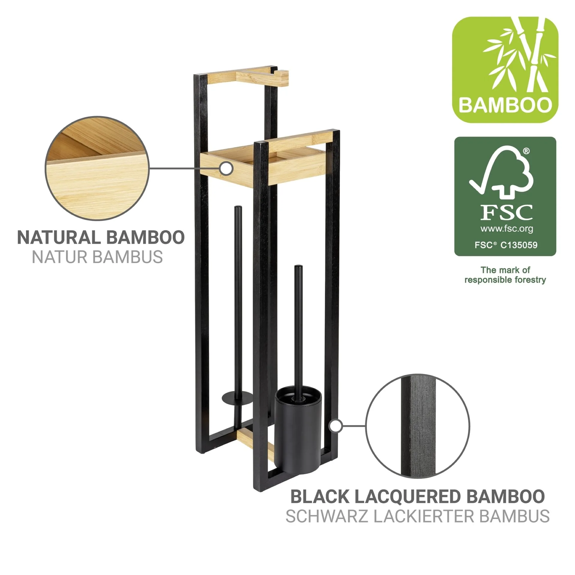 WENKO BRAIDI WC-Garnitur, Schwarz/Braun, Bambus, mit Toilettenpapierhalter und Ablage, stehend