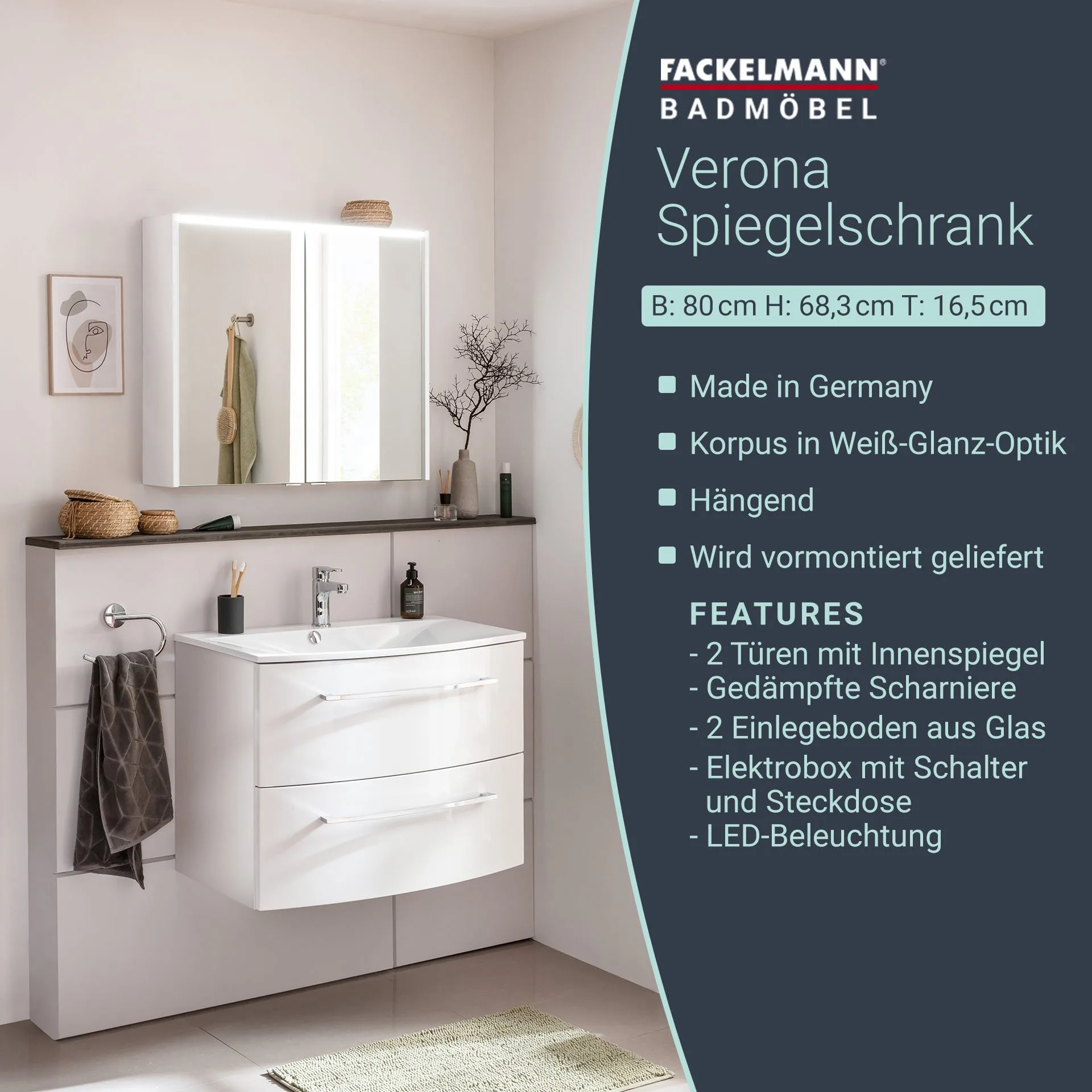 FACKELMANN VERONA LED Spiegelschrank 80 cm breit, Weiß Hochglanz