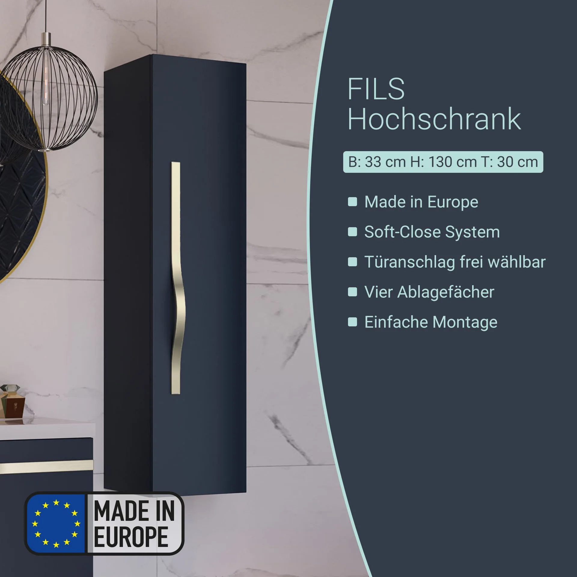 BADEDU FILS Hochschrank 33 cm breit, Blau, Griff Silber