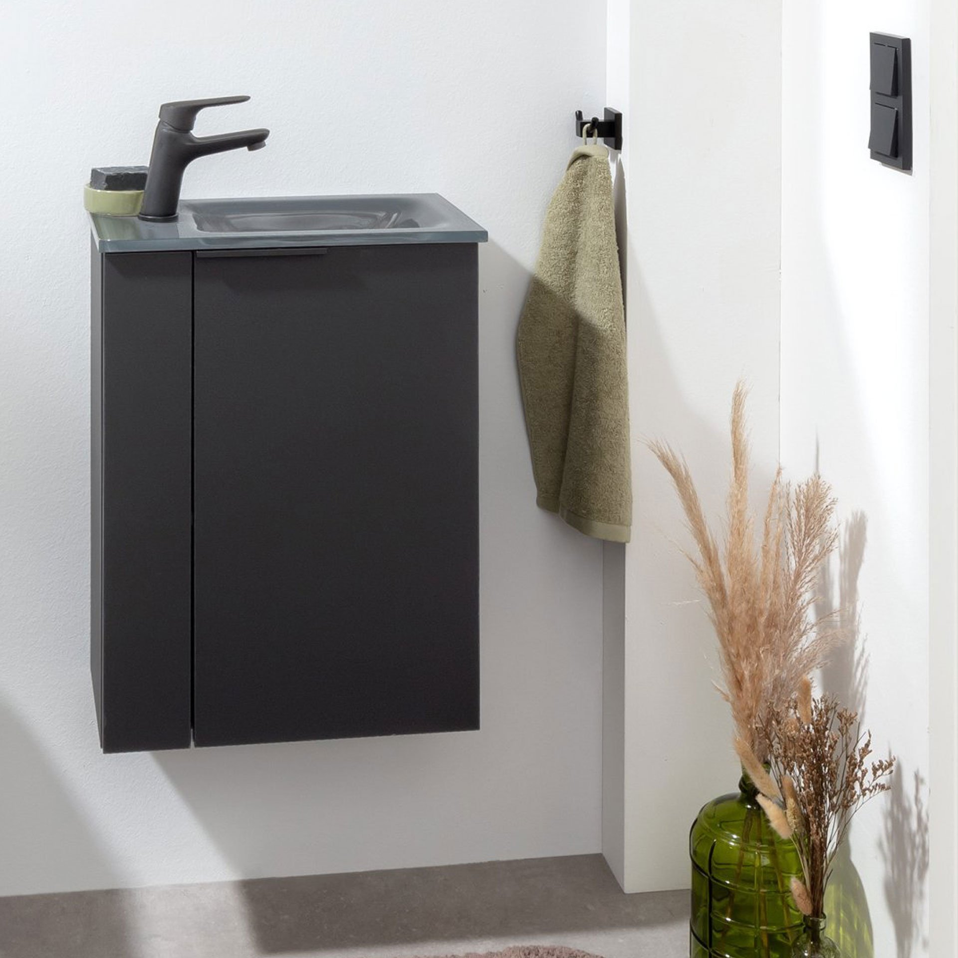 FACKELMANN SBC B.PARIS Gäste WC Waschtisch Set 45 cm breit, Schwarz matt, Waschbecken Glas Anthrazit, Türanschlag rechts