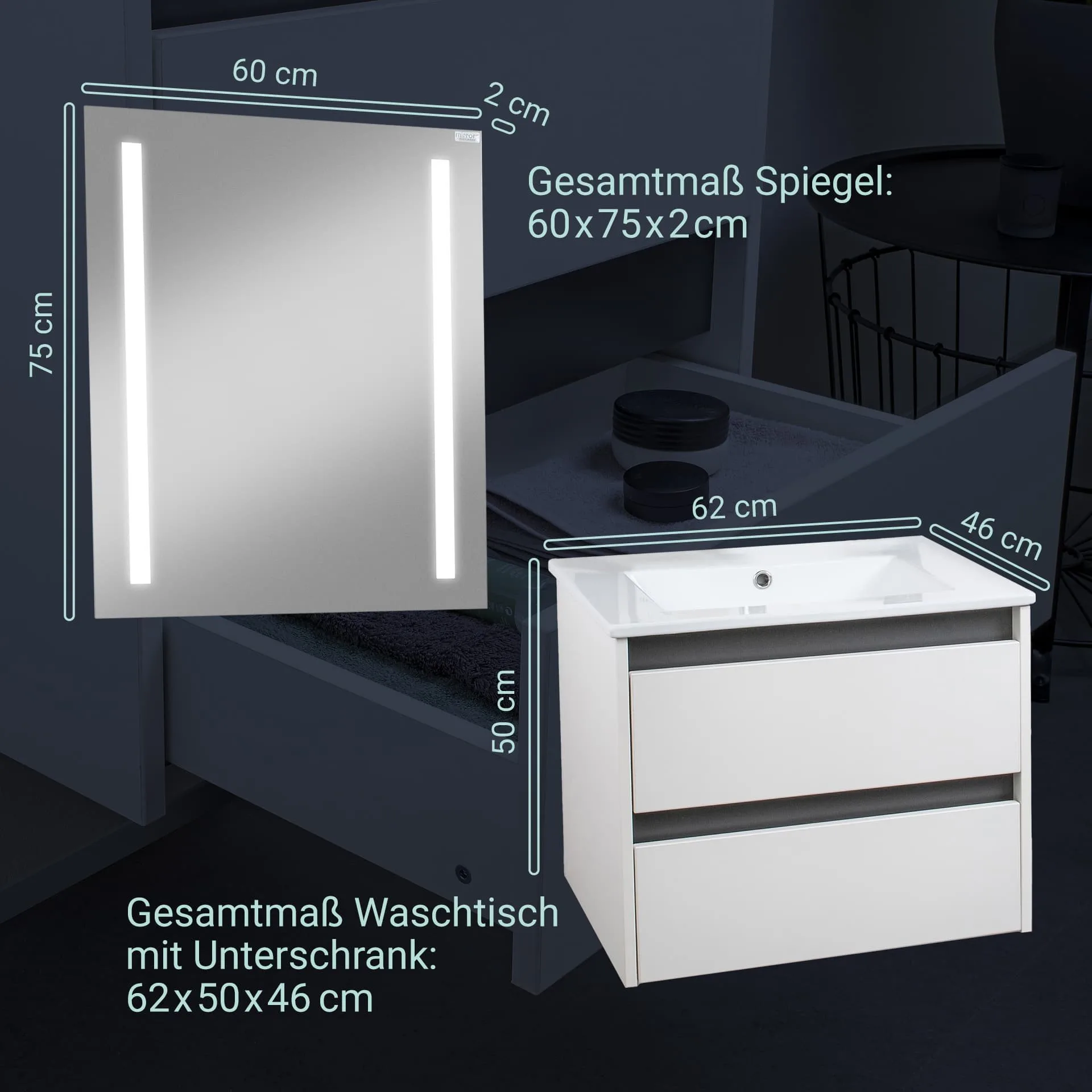 BADEDU BYK Waschtisch Set mit Spiegel 60 cm breit, Weiß/Braun/Anthrazit, Waschbecken Keramik Weiß, Blende tauschbar