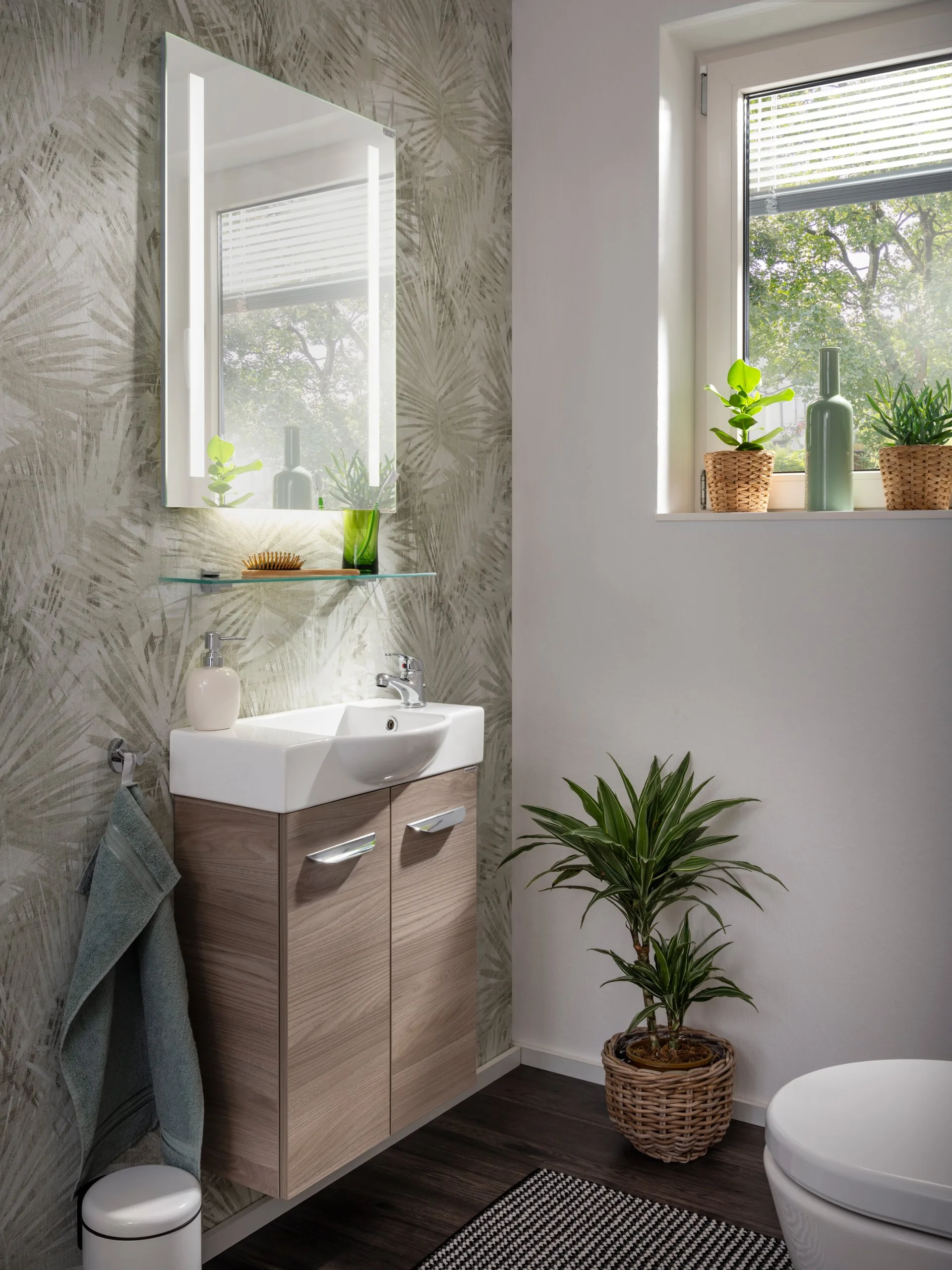 FACKELMANN SBC LUXOR Gäste WC Waschtisch Set 55 cm breit, Braun hell, Waschbecken Keramik Weiß, Hahnloch rechts