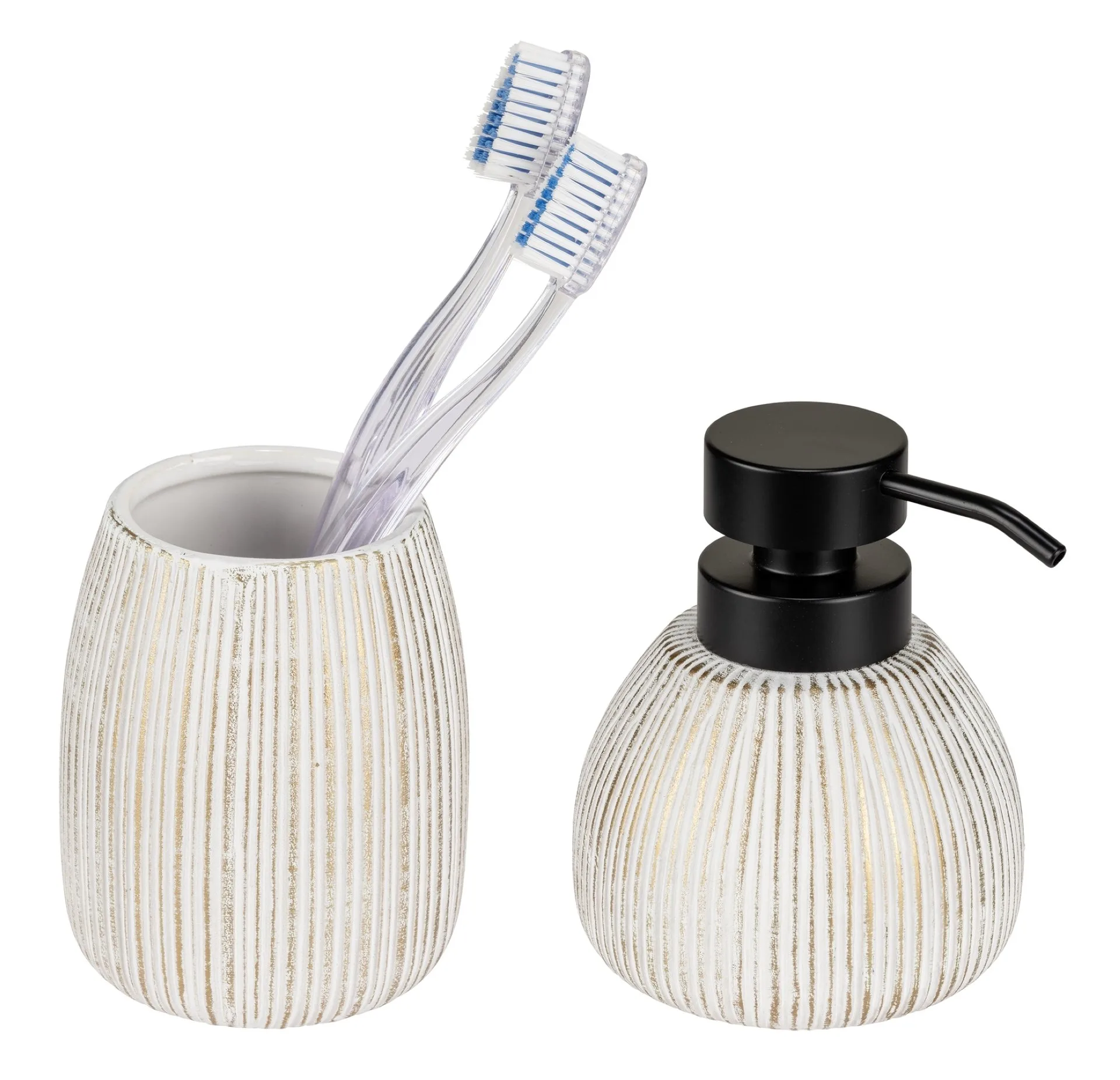 WENKO PASCOLI Accessoire Set, Weiß/Gold, Zahnputzbecher, Seifenspender, Keramik