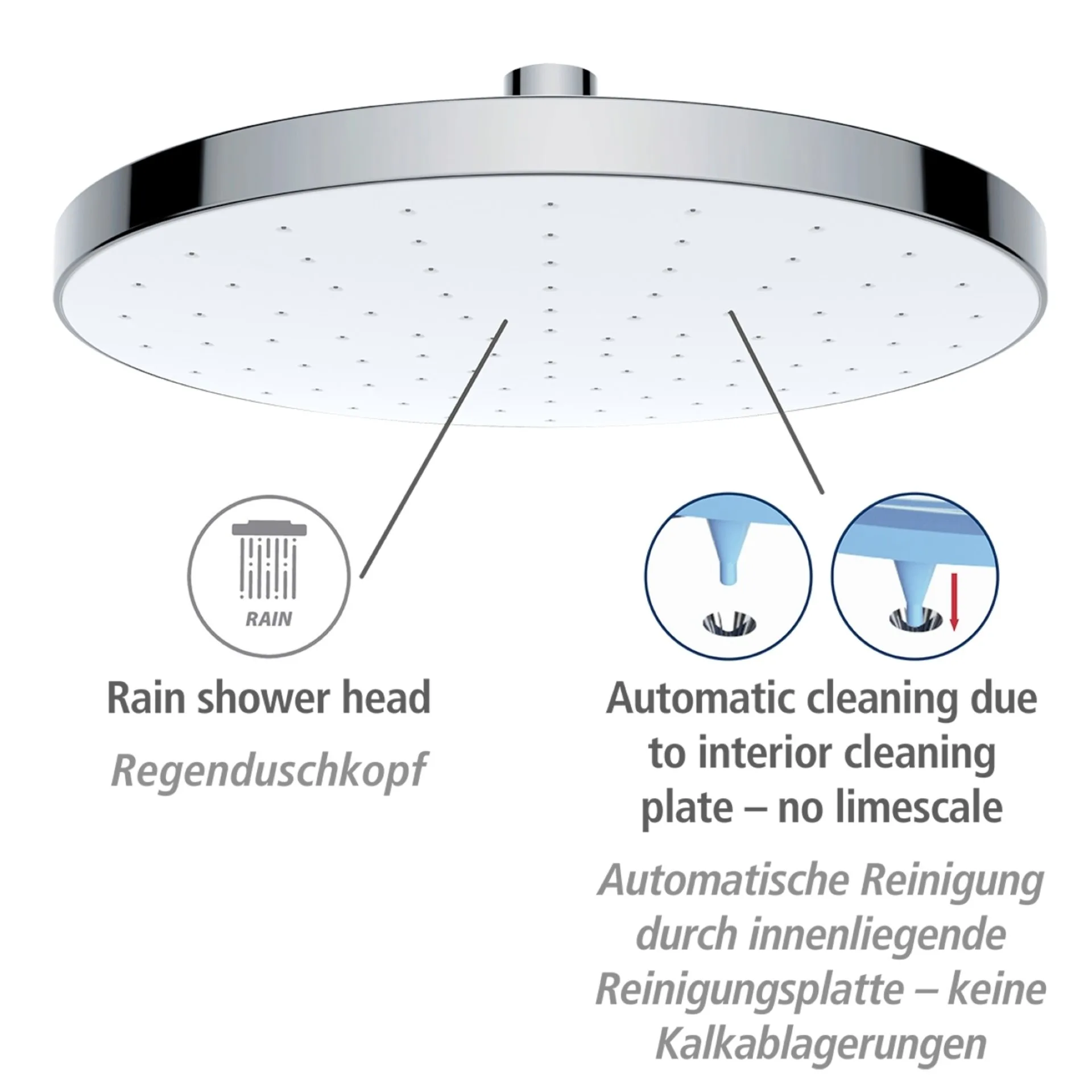 WENKO Duschkopf Regendusche Ø 22,5 cm, Chrom/Weiß, mit Automatischer Reinigungsfunktion