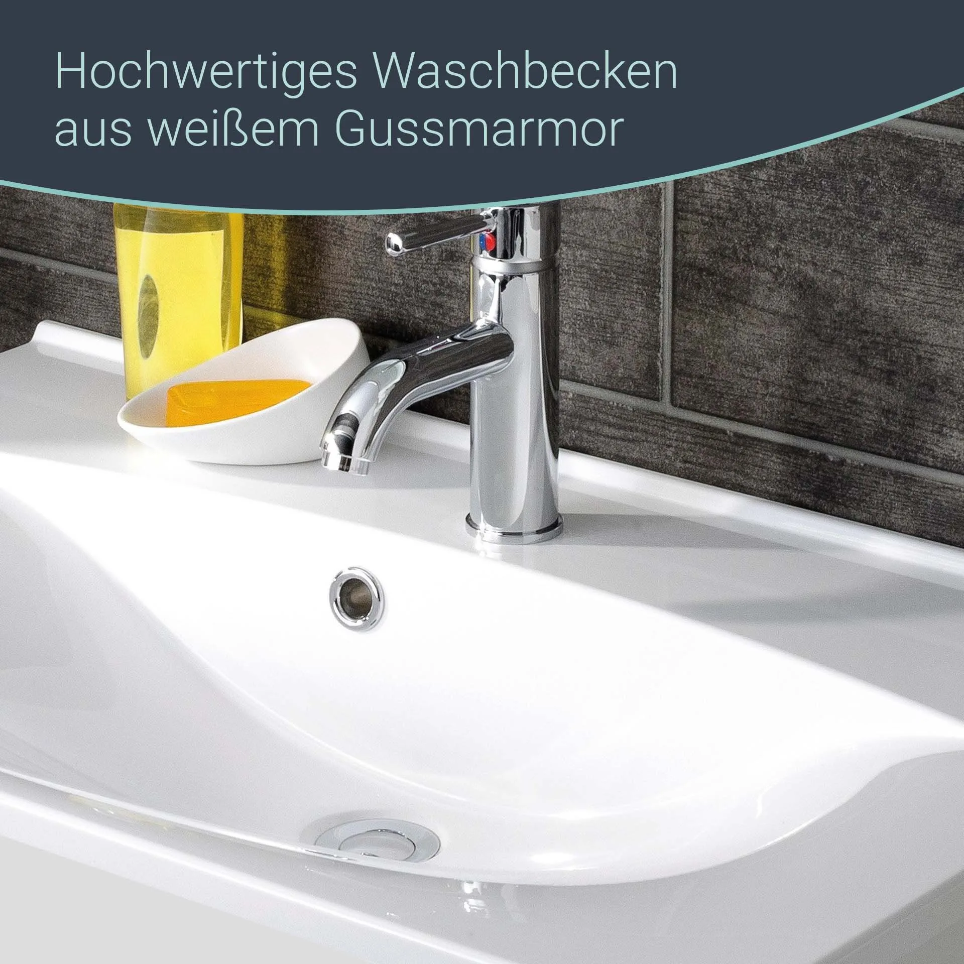 FACKELMANN B.BRILLANT Waschbecken mit Unterschrank 100 cm breit, Weiß Glas/Braun hell, Waschbecken Gussmarmor Weiß