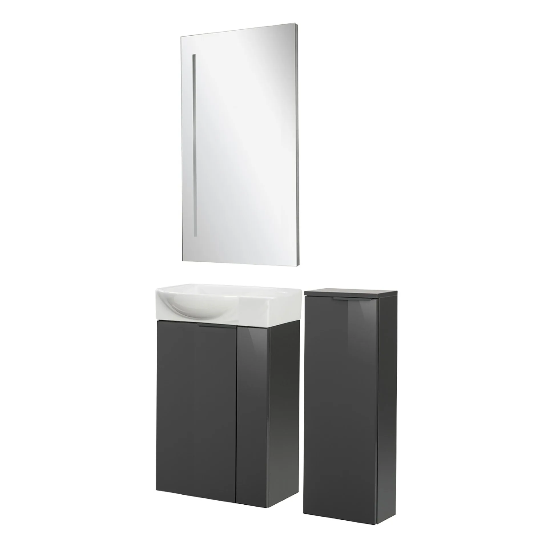 FACKELMANN SBC LUNA Gäste WC Set 4-teilig 45 cm breit, Anthrazit, Waschbecken Keramik Weiß + LED Spiegel + Midischrank slim, Türanschlag links