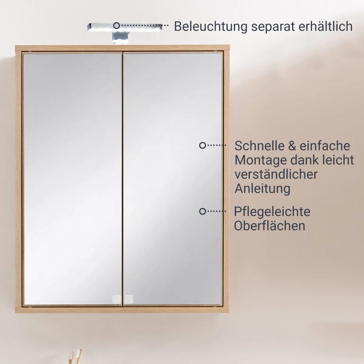 FACKELMANN FINN Spiegelschrank 60 cm breit, Weiß/Braun hell