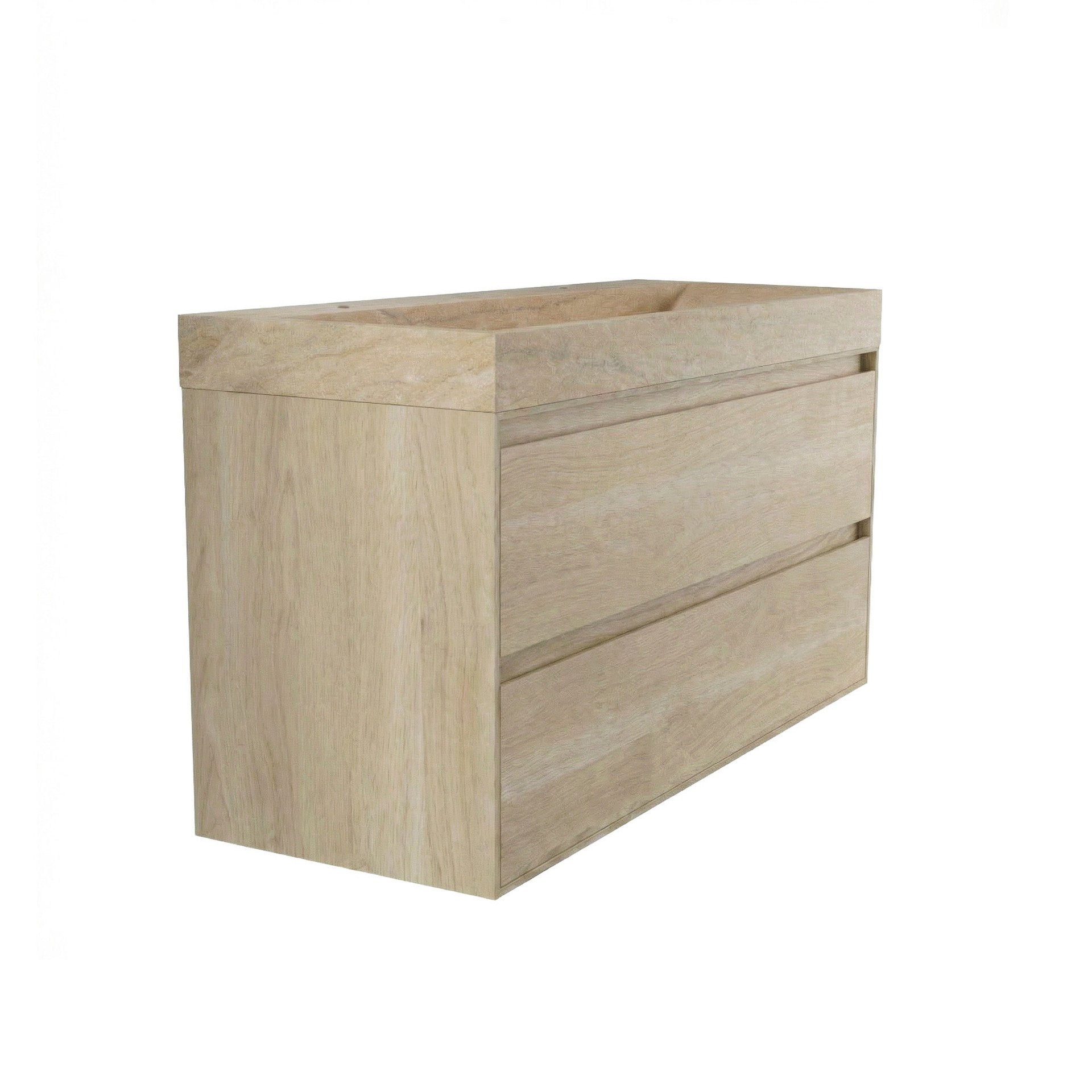 FORZALAQUA IBIZA BELLEZZA Waschbecken mit Unterschrank 120 cm breit, Braun hell, Natursteinwaschbecken Travertin matt mit zwei Hahnlöchern, 2 Schubladen
