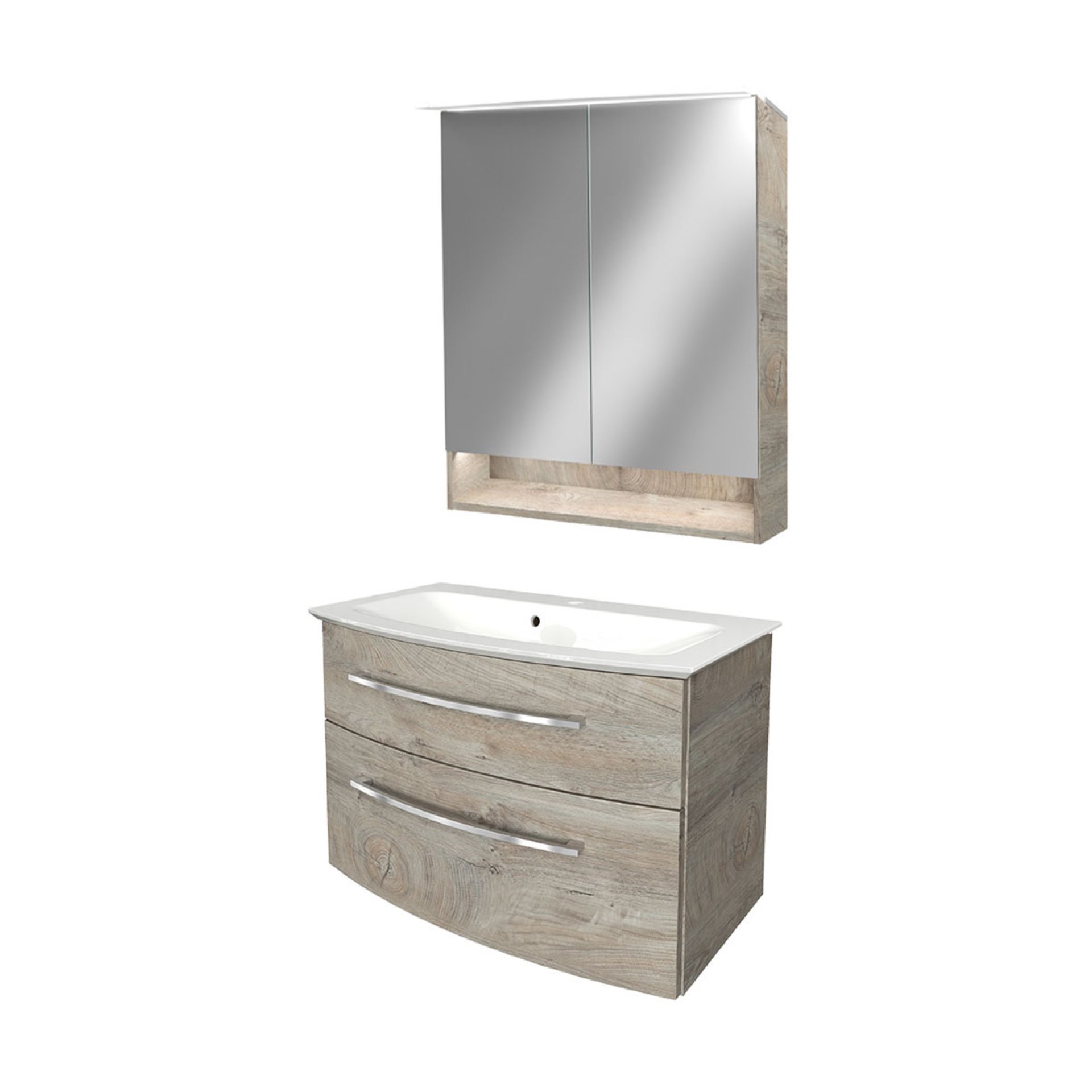 FACKELMANN B.STYLE Waschtisch Set mit Spiegelschrank 83 cm breit, Braun, Waschbecken Gussmarmor Weiß