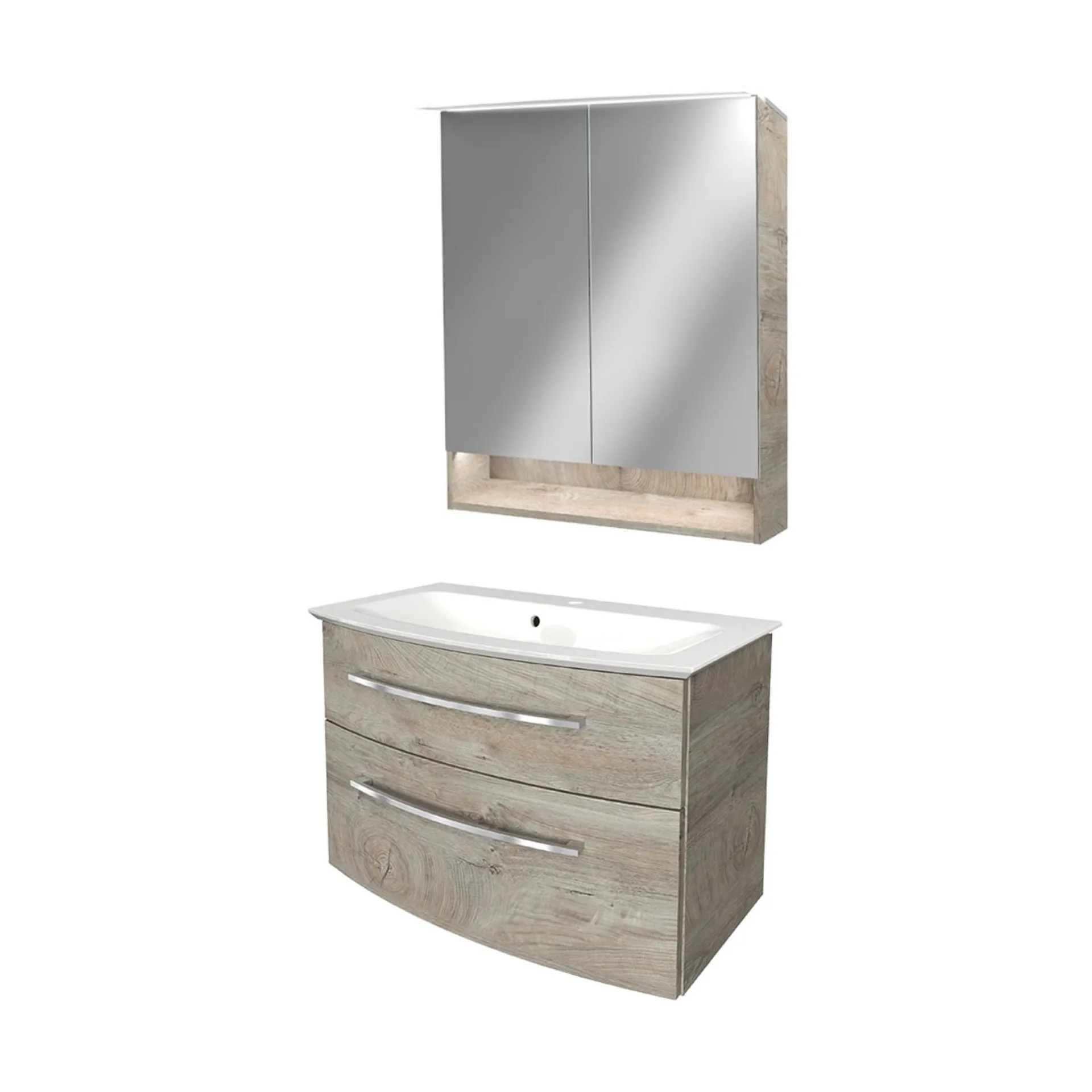 FACKELMANN B.STYLE Waschtisch Set mit Spiegelschrank 83 cm breit, Braun, Waschbecken Gussmarmor Weiß