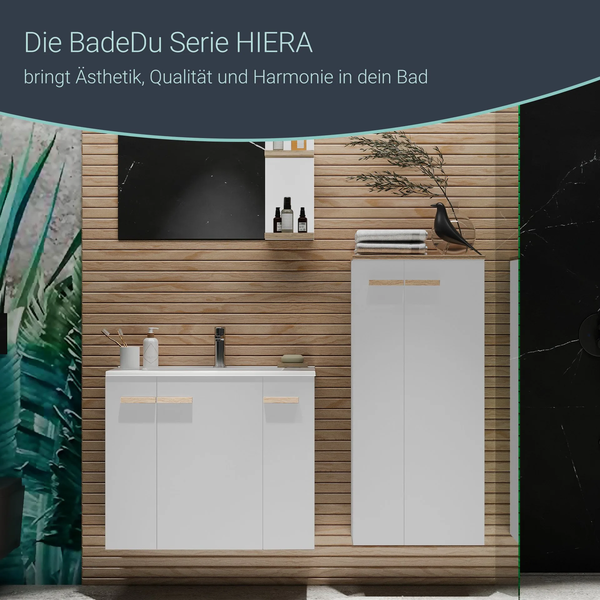 BADEDU HIERA Waschbecken mit Unterschrank 80 cm breit, Weiß, Waschbecken Keramik Weiß