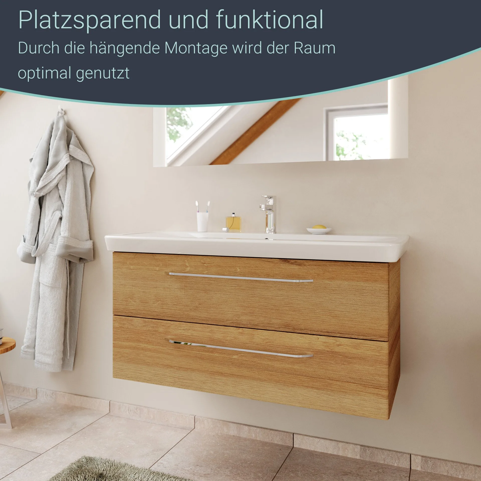 FACKELMANN MILANO Waschbecken mit Unterschrank 107 cm breit, Braun hell, Waschbecken Keramik Weiß