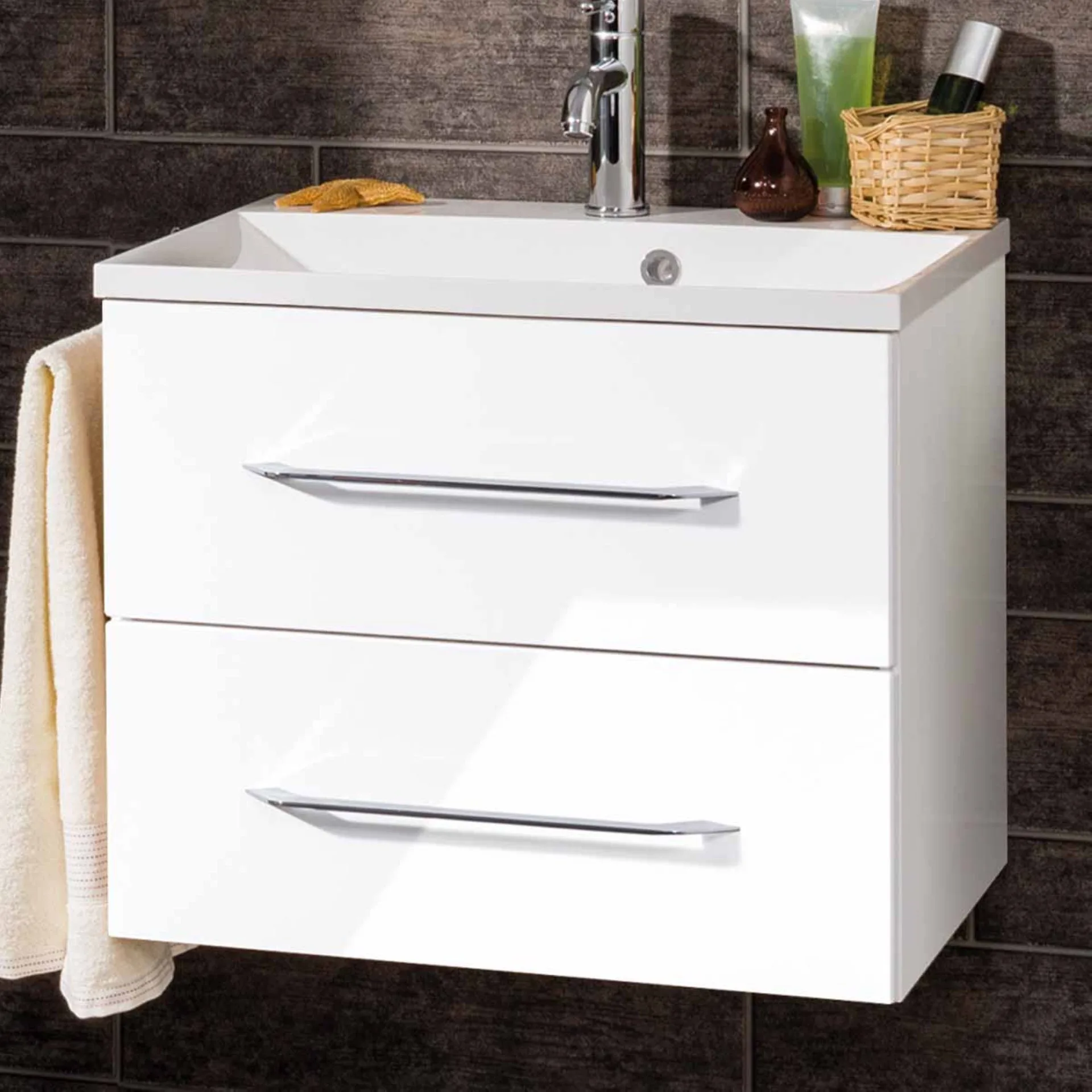 FACKELMANN B.CLEVER Waschbecken mit Unterschrank 60 cm breit, Weiß, Waschbecken Gussmarmor Weiß