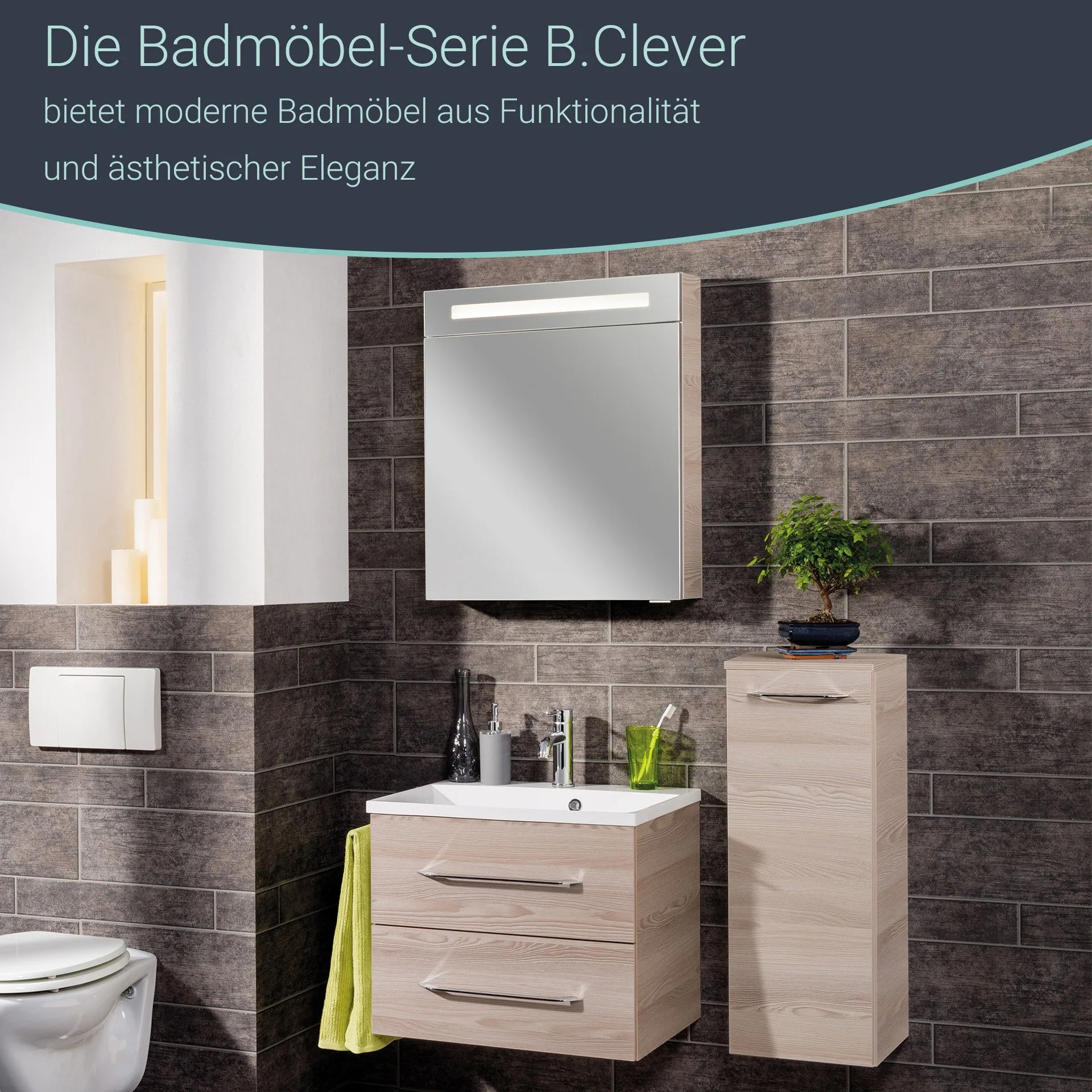 FACKELMANN B.CLEVER LED Spiegelschrank 60 cm breit, Braun hell