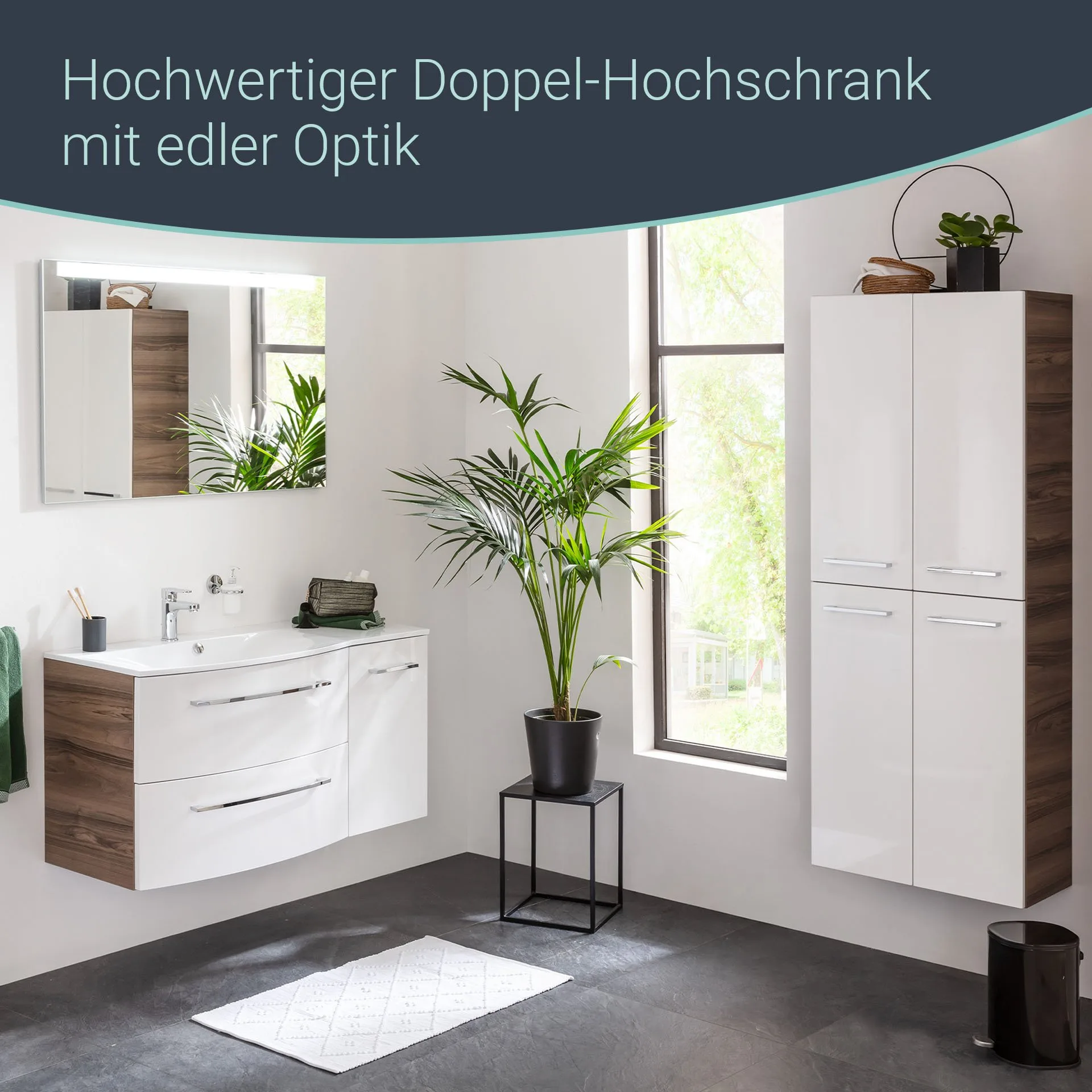 FACKELMANN VERONA Doppel Hochschrank 60 cm breit, Weiß Hochglanz/Braun Dunkel, mit Schublade