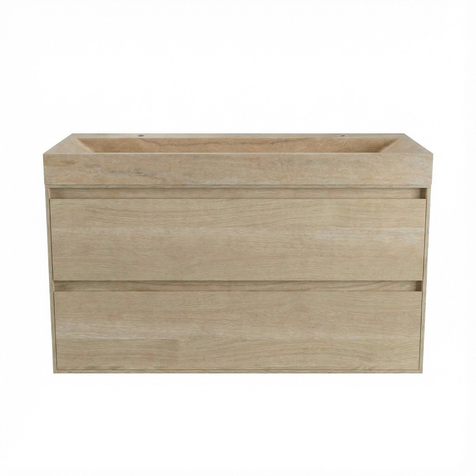 FORZALAQUA IBIZA BELLEZZA Waschbecken mit Unterschrank 120 cm breit, Braun hell, Natursteinwaschbecken Travertin matt mit zwei Hahnlöchern, 2 Schubladen
