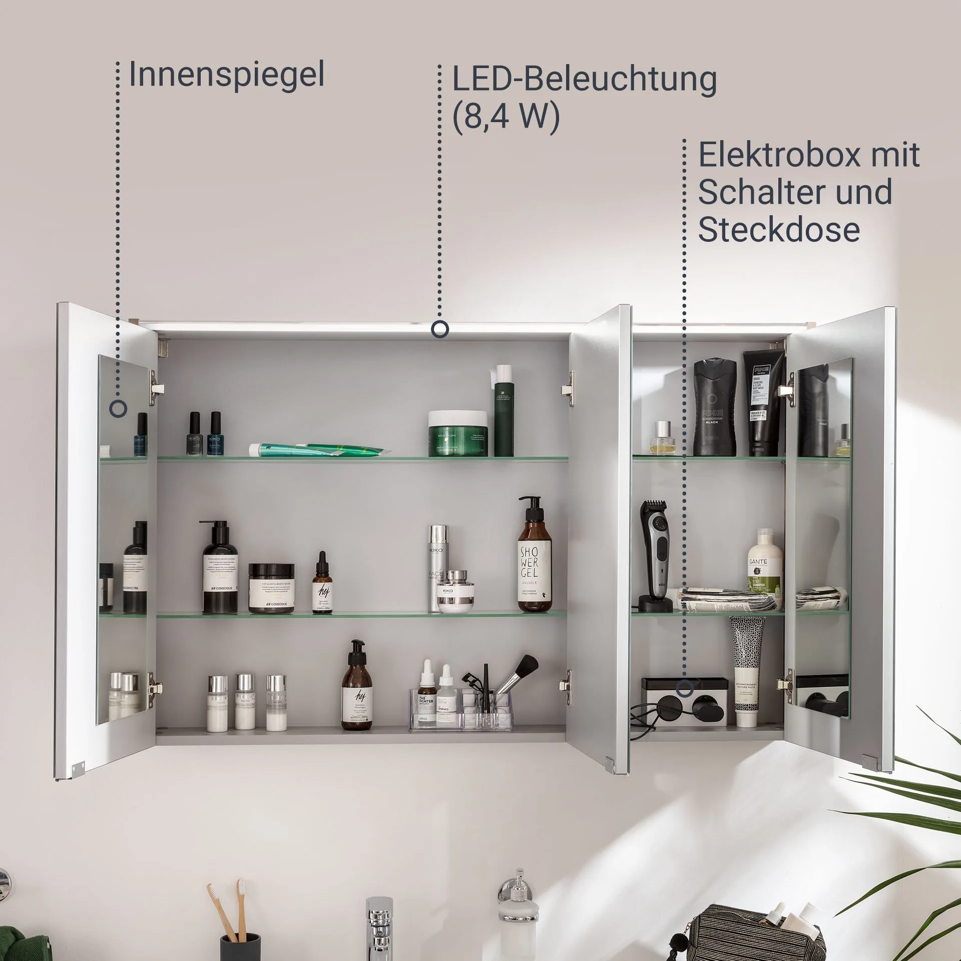 FACKELMANN VERONA LED Spiegelschrank 110 cm breit, Braun Dunkel