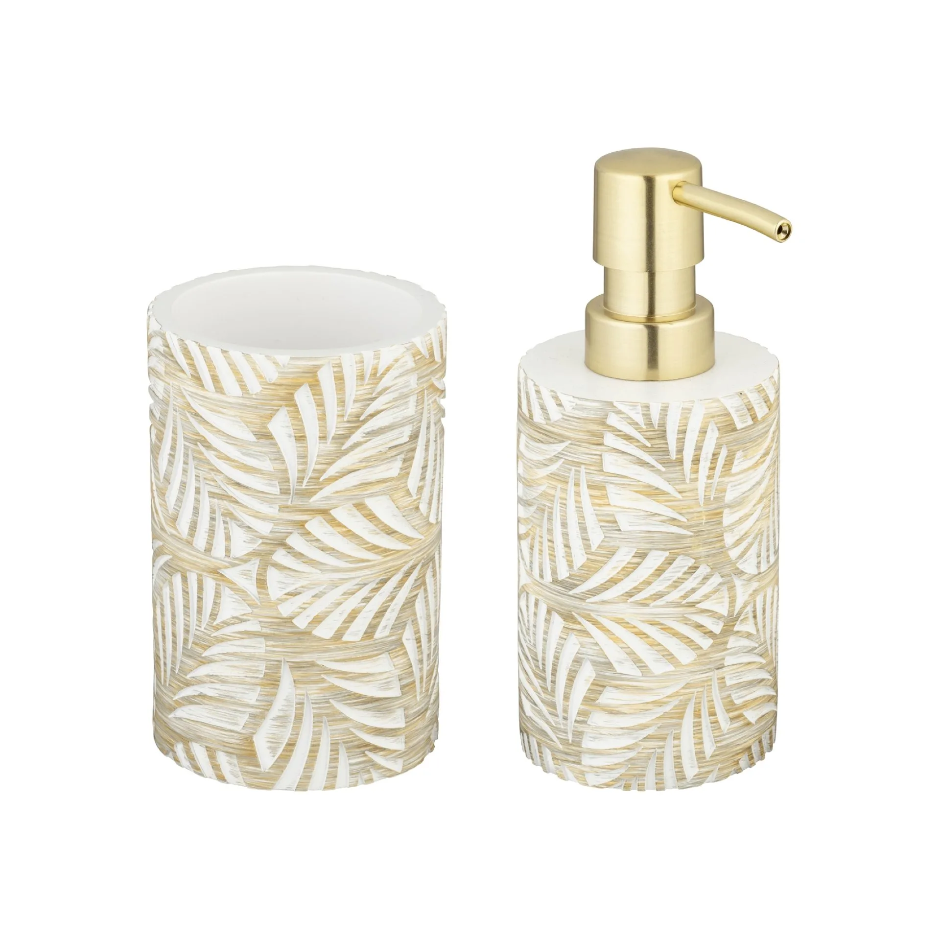 WENKO TERRALBA Accessoire Set, Weiß/Gold, Zahnputzbecher, Seifenspender, Keramik