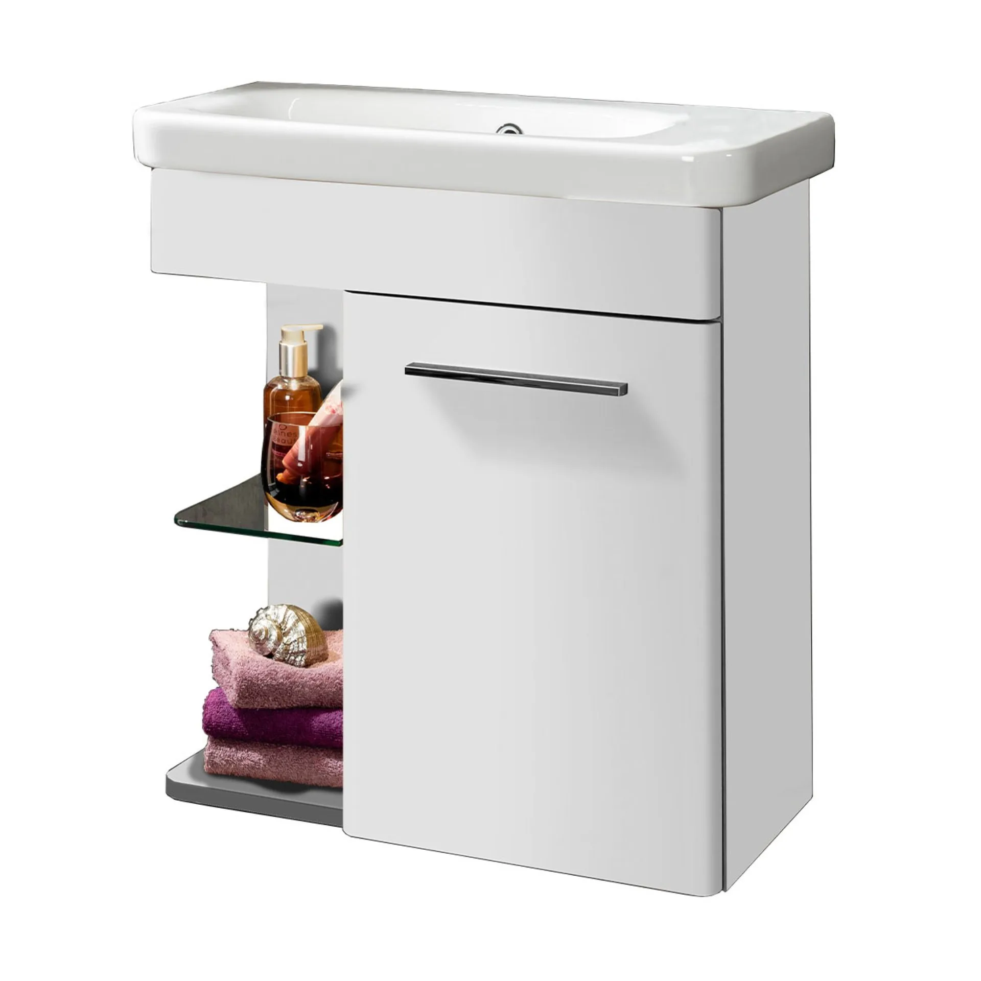 LANZET K8 Gäste WC Waschtisch Set 60 cm breit, Weiß, Waschbecken Keramik Weiß, Türanschlag rechts