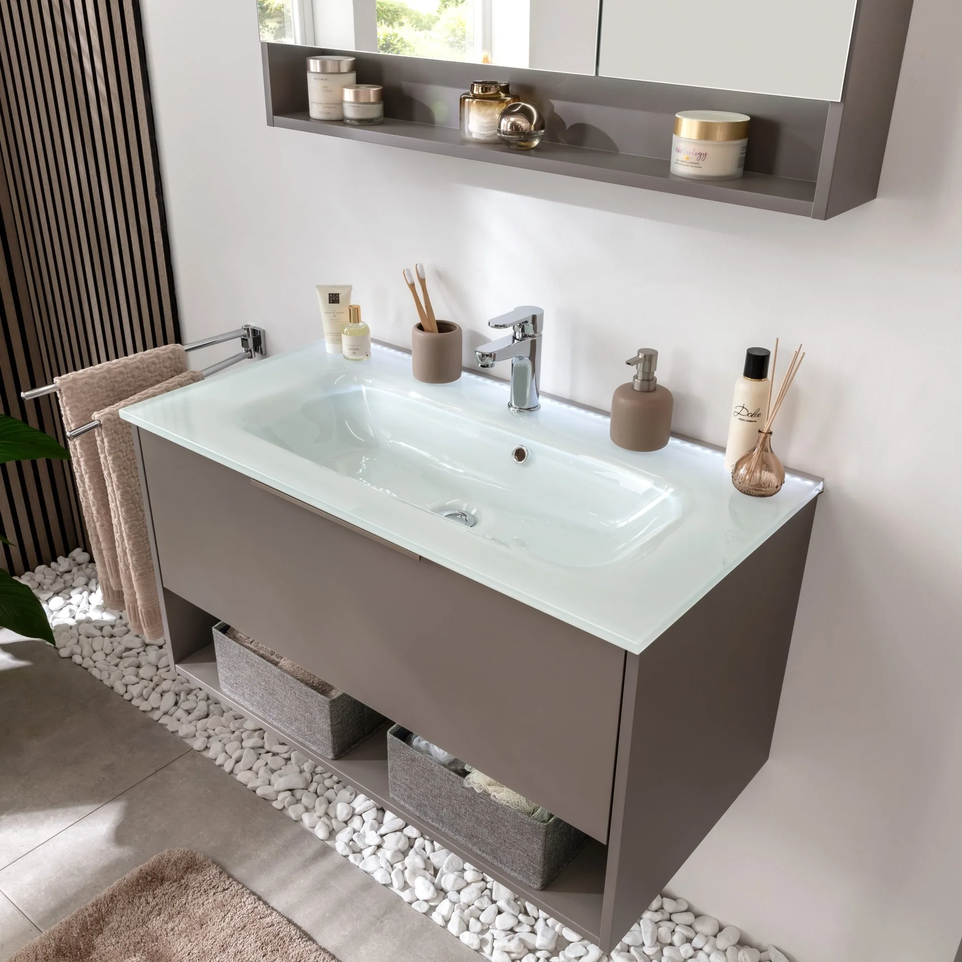 FACKELMANN B.PARIS Waschtisch Set mit Spiegelschrank 90 cm breit, Grau, Waschbecken Glas Weiß